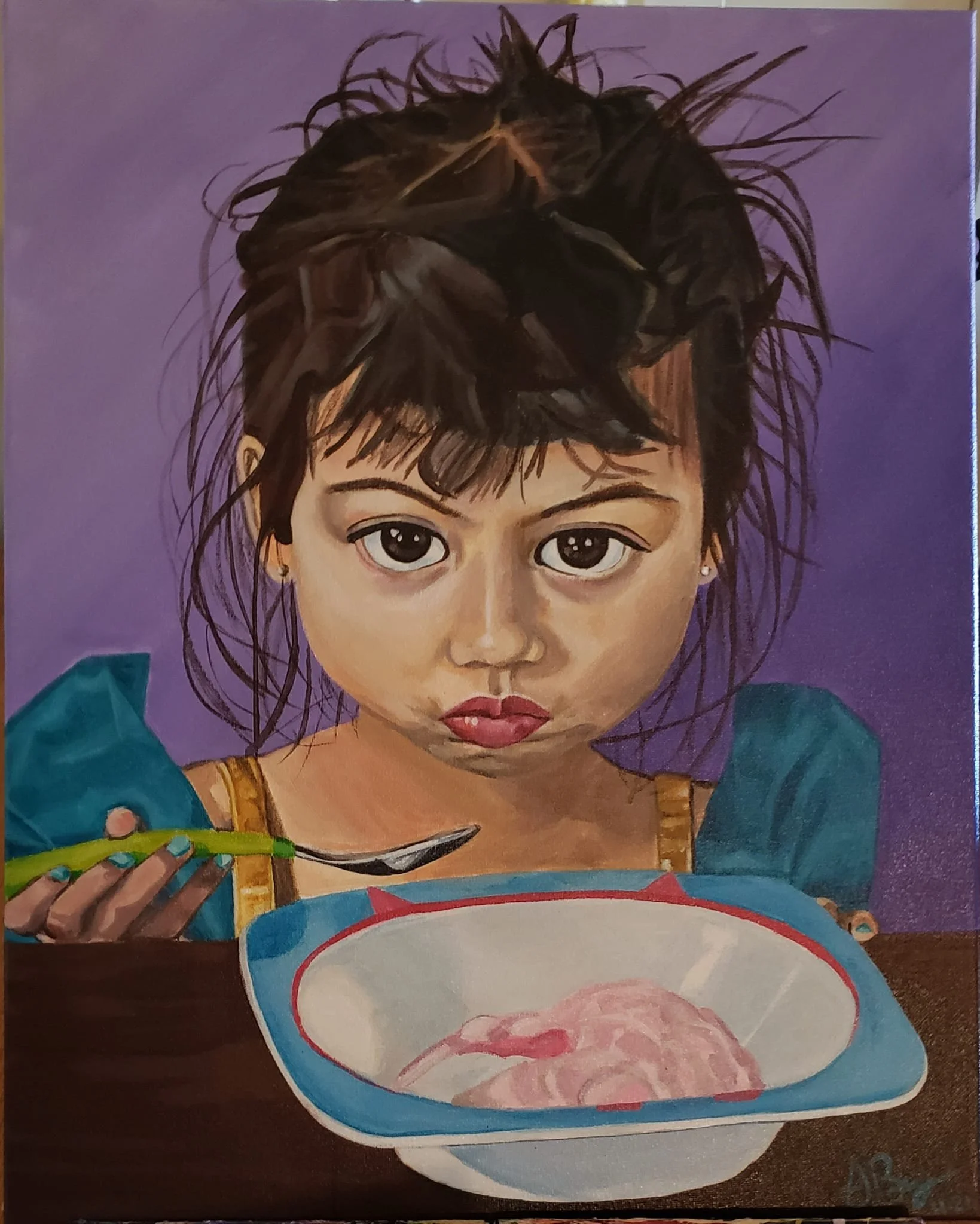 Painting of a young girl with short, messy dark hair, large expressive eyes, and pink lips, wearing a blue shirt and a yellow top, sitting at a table with a bowl of pink food and holding a spoon.