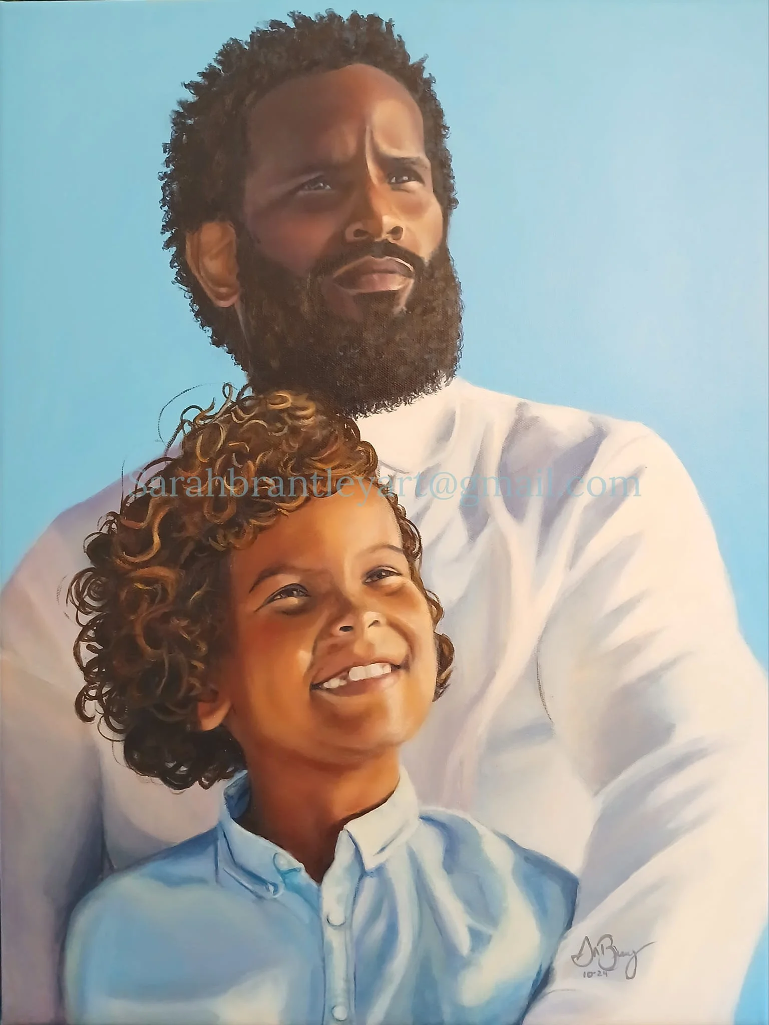 A portrait painting of a man with a beard and curly hair, and a young girl with curly hair and a bright smile, both in light-colored clothing against a blue background.