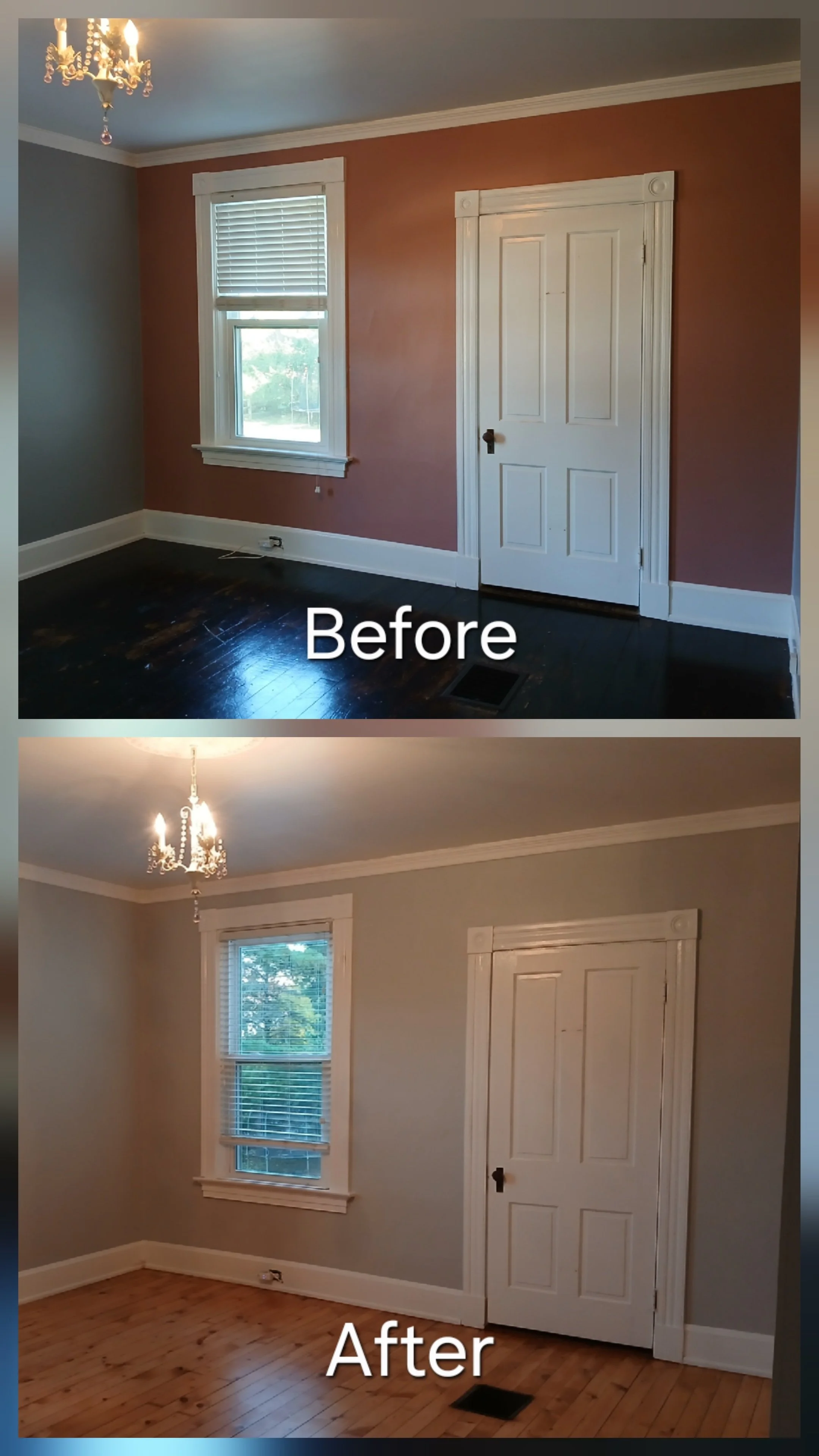 Comparison of a room before and after renovation, showing wall repainting from pink to light gray, removal of dark flooring, and installation of new light hardwood flooring, with a chandelier present in both images.