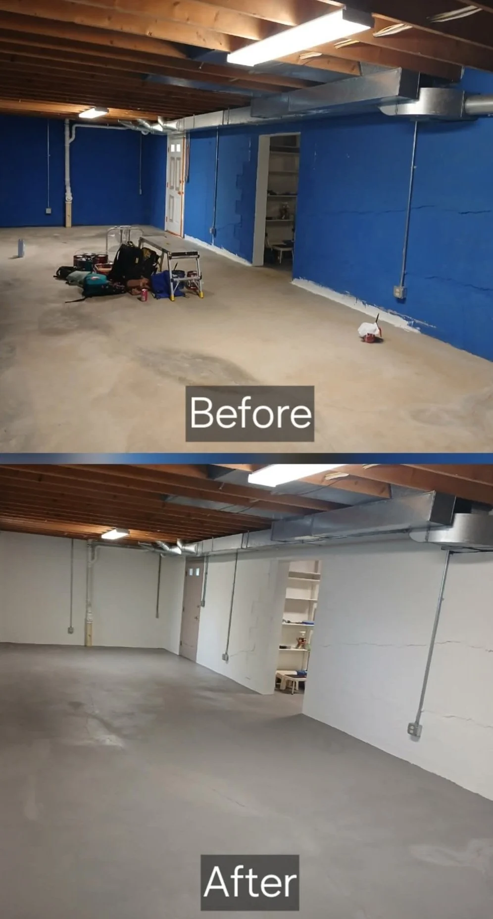 Comparison of a basement before and after renovation. The "Before" photo shows a cluttered, unfinished space with tools and supplies on the floor, blue painted walls, and exposed ceiling beams. The "After" photo shows the same space cleaned up and pa