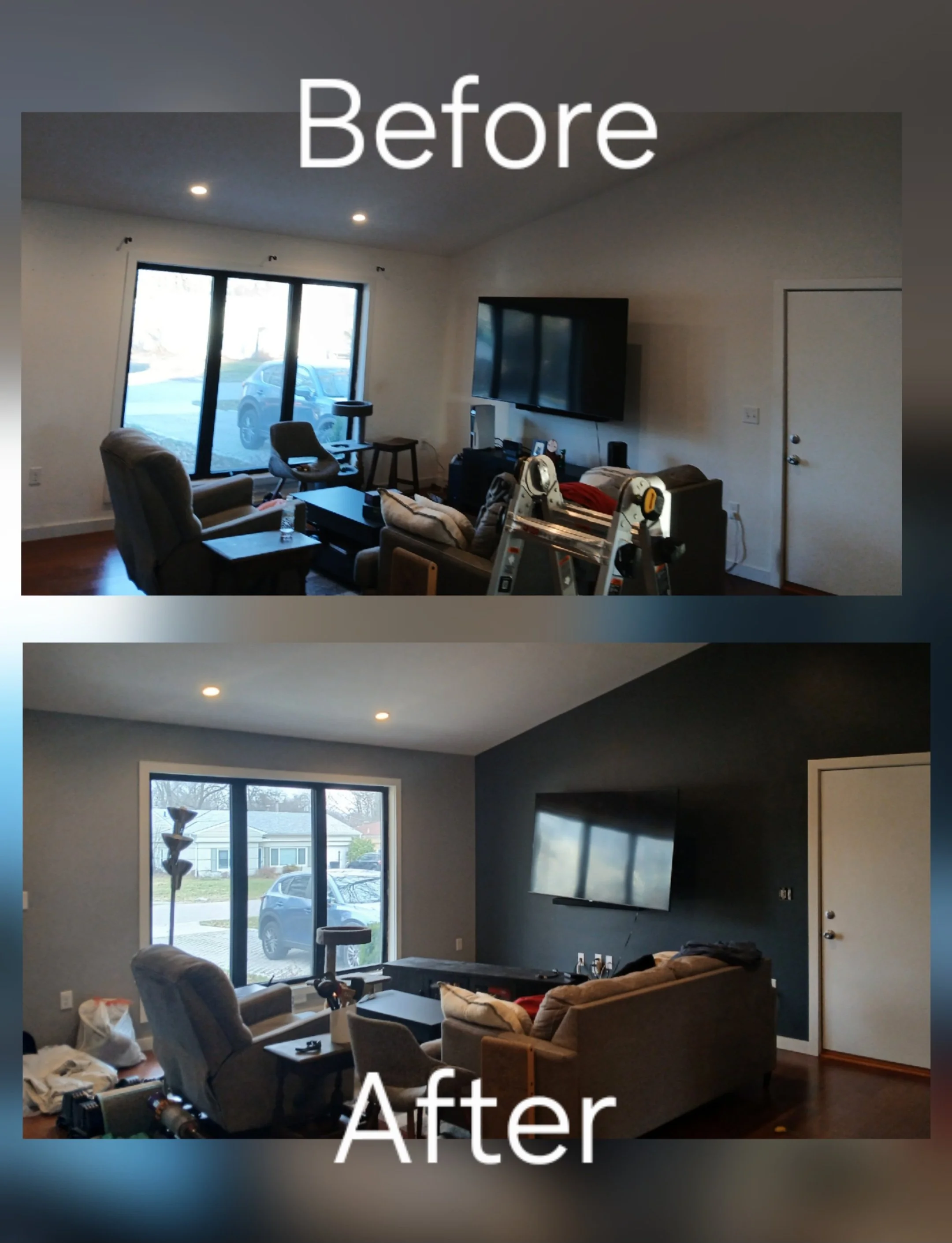 Comparison of a living room before and after renovation, showing changes in wall color, clutter, and furniture arrangement.