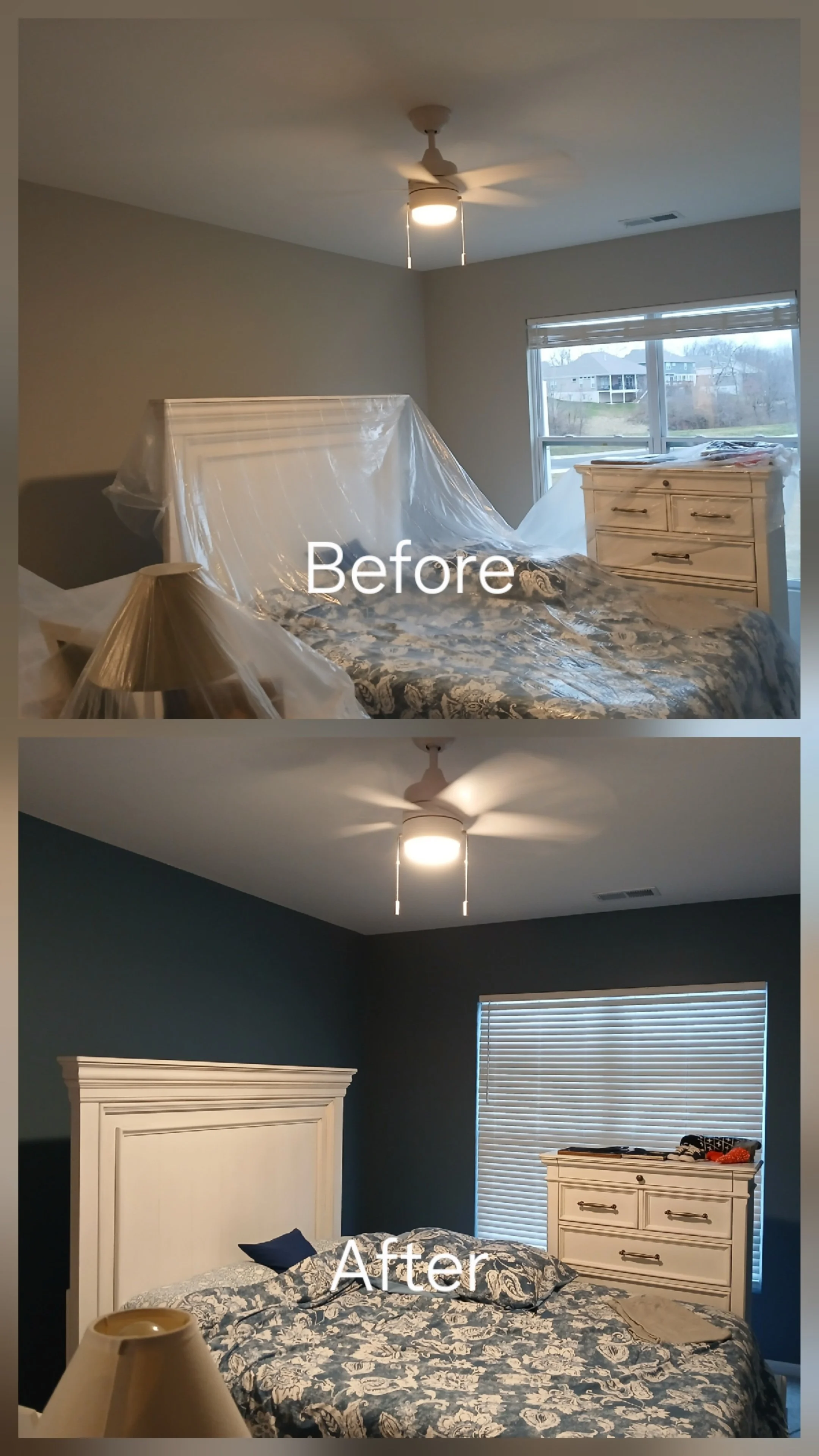 Before image of a bedroom with plastic coverings on the furniture and a bed with a patterned cover, next to a window with blinds; after image shows the same bedroom with the furniture uncovered, painted dark blue walls, and the bed made.