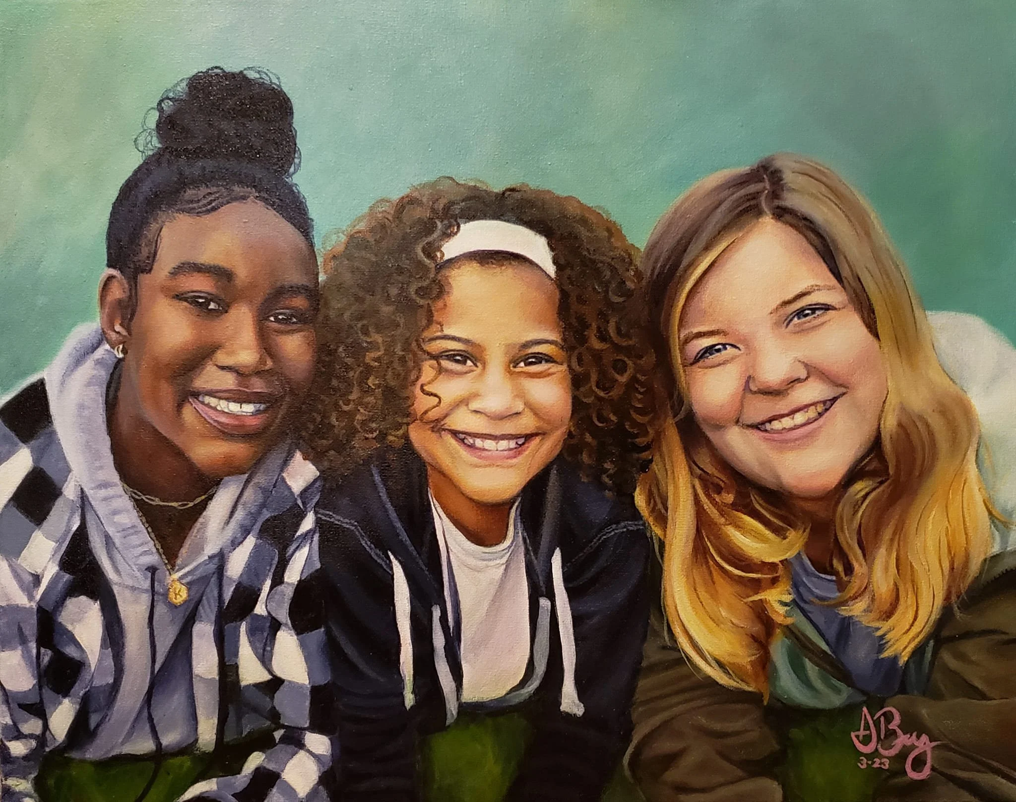 Painting of three smiling women with curly and straight hair, posing together against a green background.