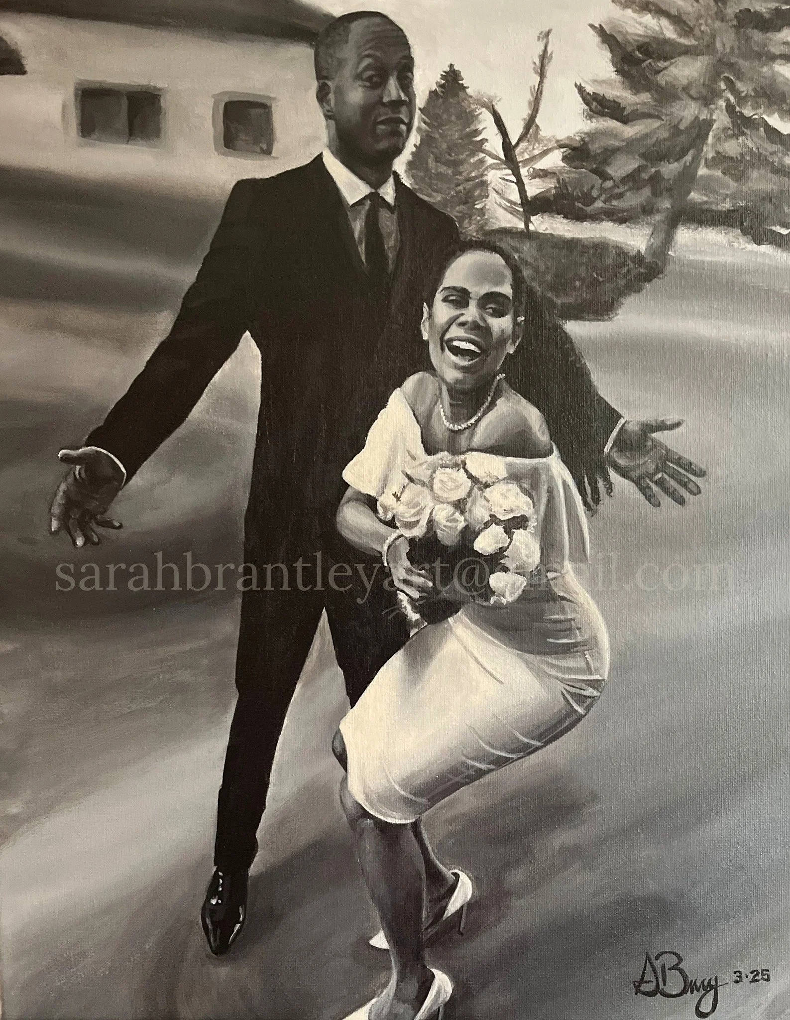 A painting of a couple celebrating, with the woman holding a bouquet of roses. The man is dressed in a suit and tie, standing behind the woman who is smiling and wearing a dress and high heels. The background includes trees and a building, and the ar