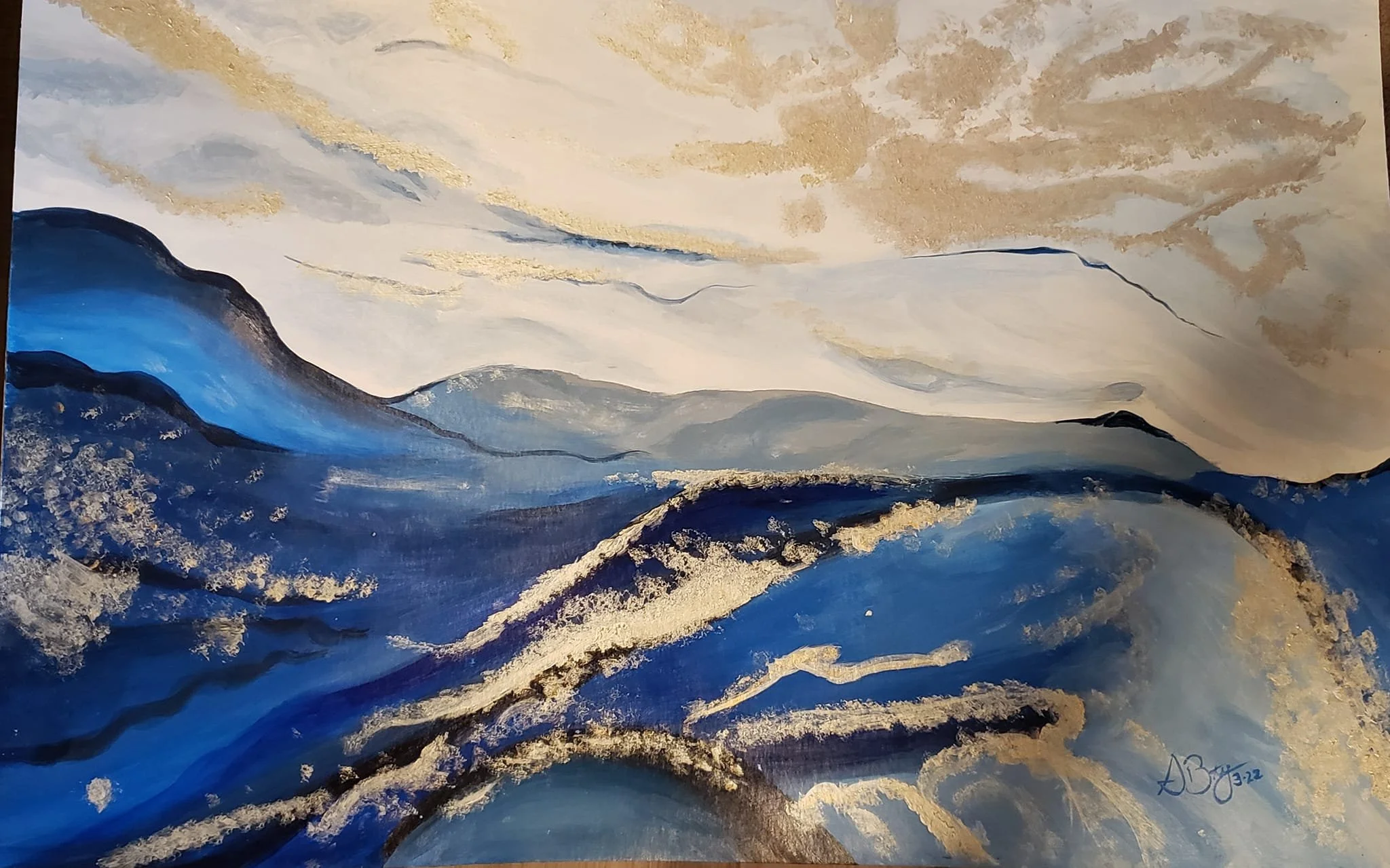 Abstract landscape painting of mountains and sky, mostly in shades of blue, gray, beige, and gold accents.