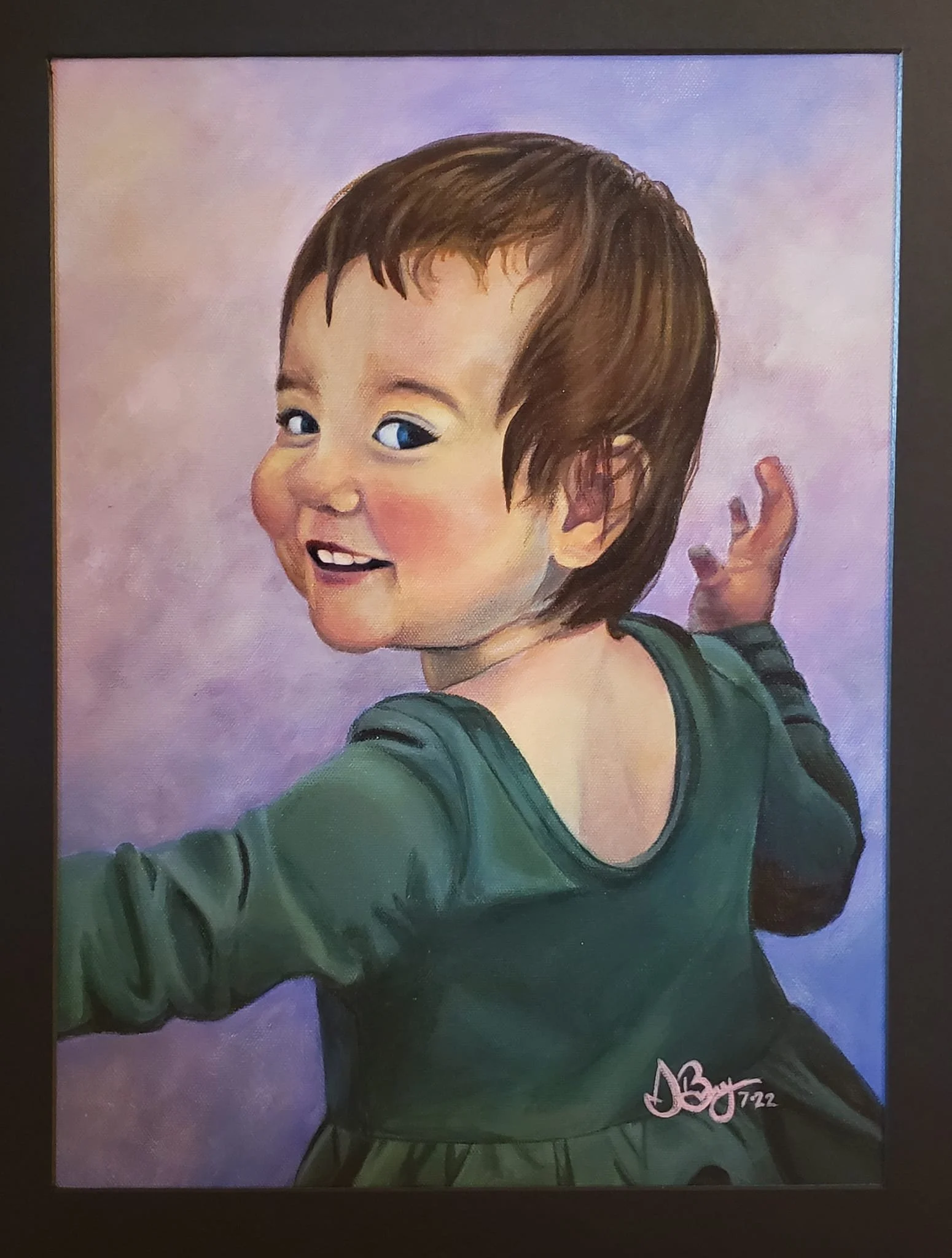 Painting of a smiling young girl with short brown hair, wearing a green dress, with a purple and pink background.