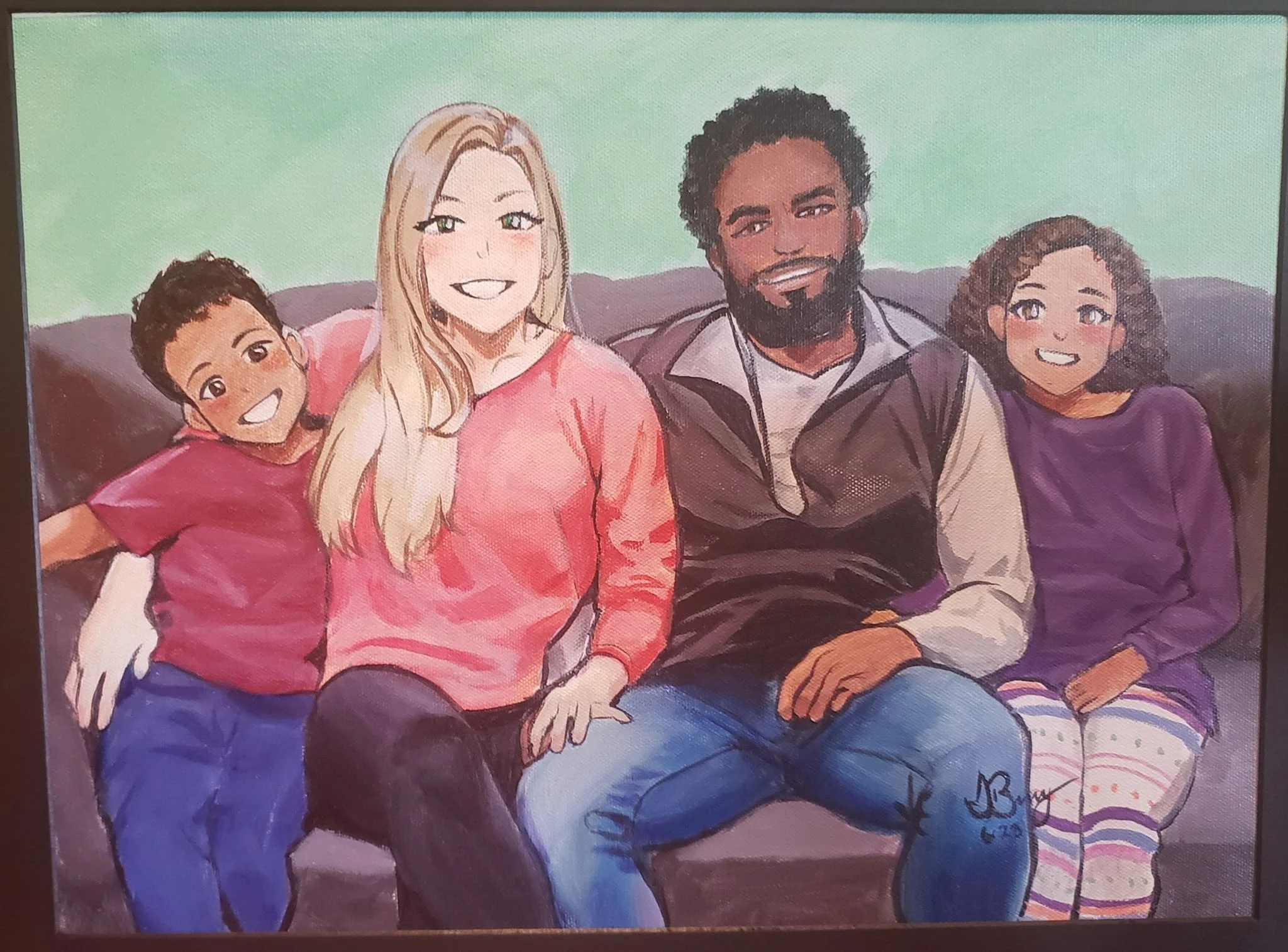 A digital painting of a smiling family sitting on a sofa in a living room, consisting of a young boy, a blonde woman, a man with a beard, and a young girl with curly hair and striped pajamas.
