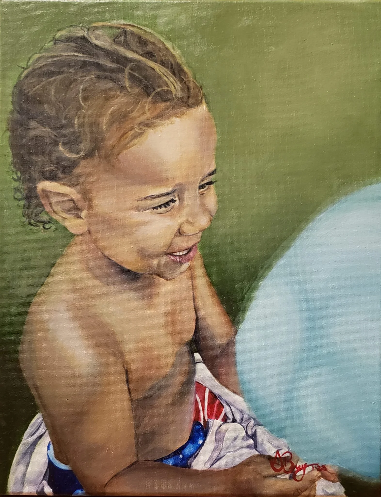 A painting of a young child with curly light brown hair, smiling and leaning over a blue and white beach ball, with a green background.