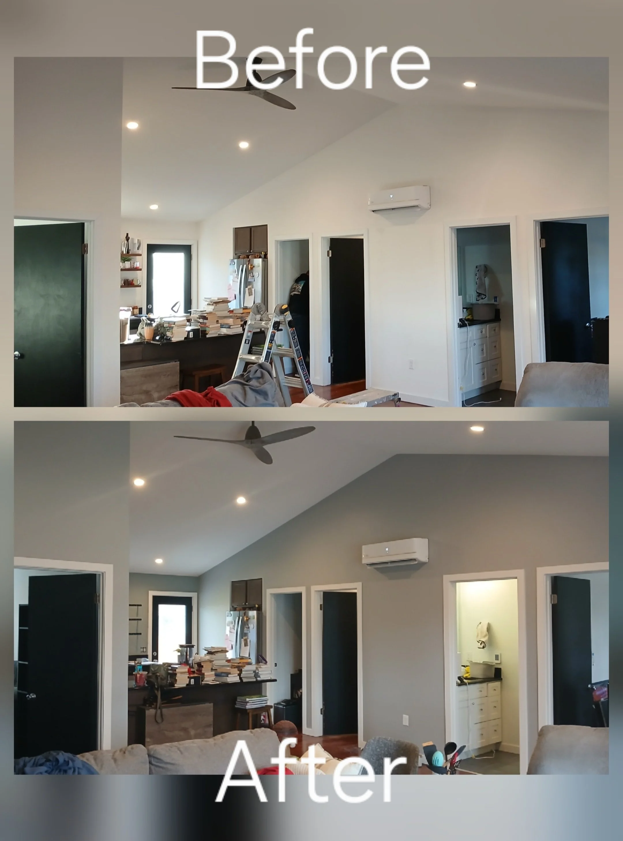 Before and after images of a living room showing a renovation. The 'Before' image shows cluttered countertops with stacks of books, a ladder, and furniture, while the 'After' image shows a cleaner, more organized space with a painted wall and tidier 