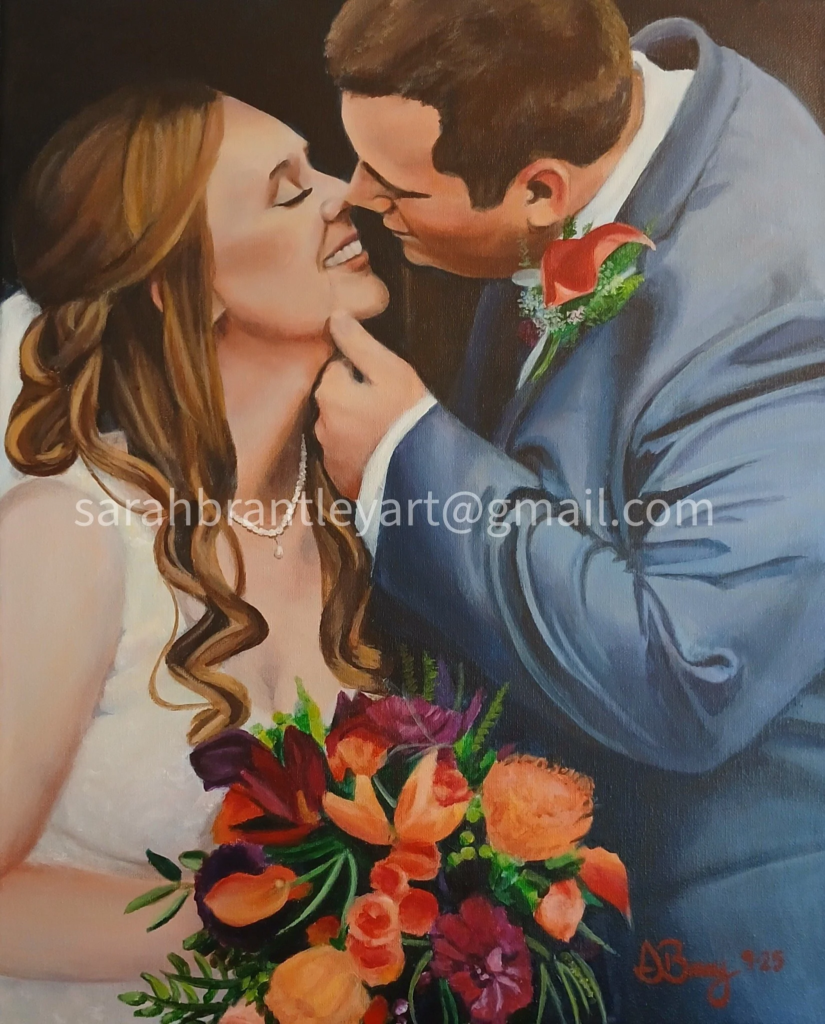 Painting of a bride and groom sharing a kiss, the bride holding a bouquet of orange and purple flowers, the groom wearing a blue suit with a red boutonniere.