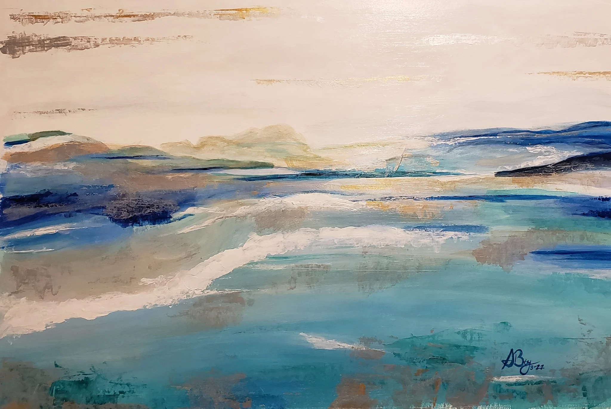 Abstract painting of a seascape with waves, rocks, and a cloudy sky in shades of blue, white, beige, and gray.