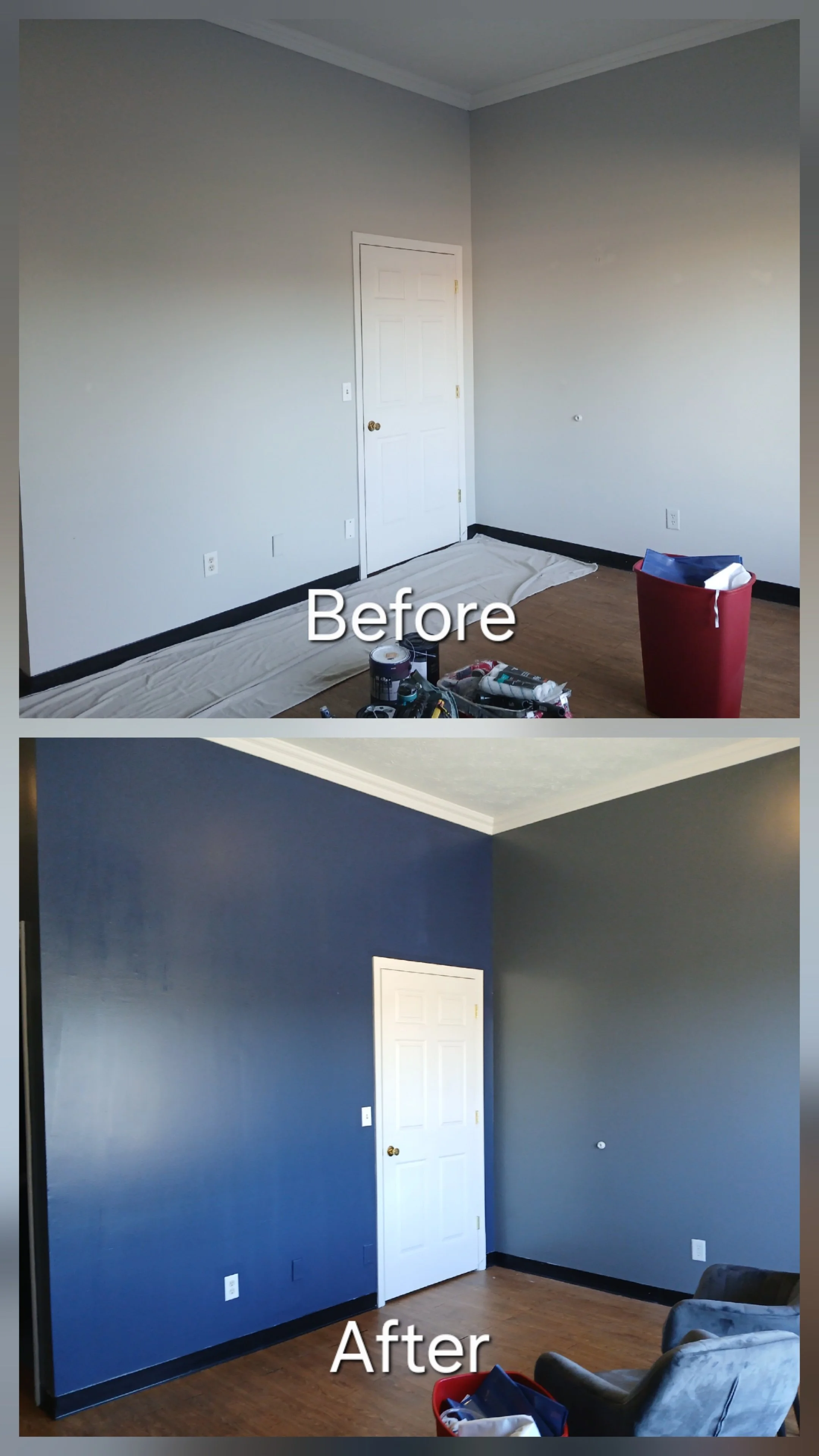 Before and after images of a room renovation, showing the walls painted dark blue after being formerly light gray, with a black baseboard, a white door, and hardwood flooring.