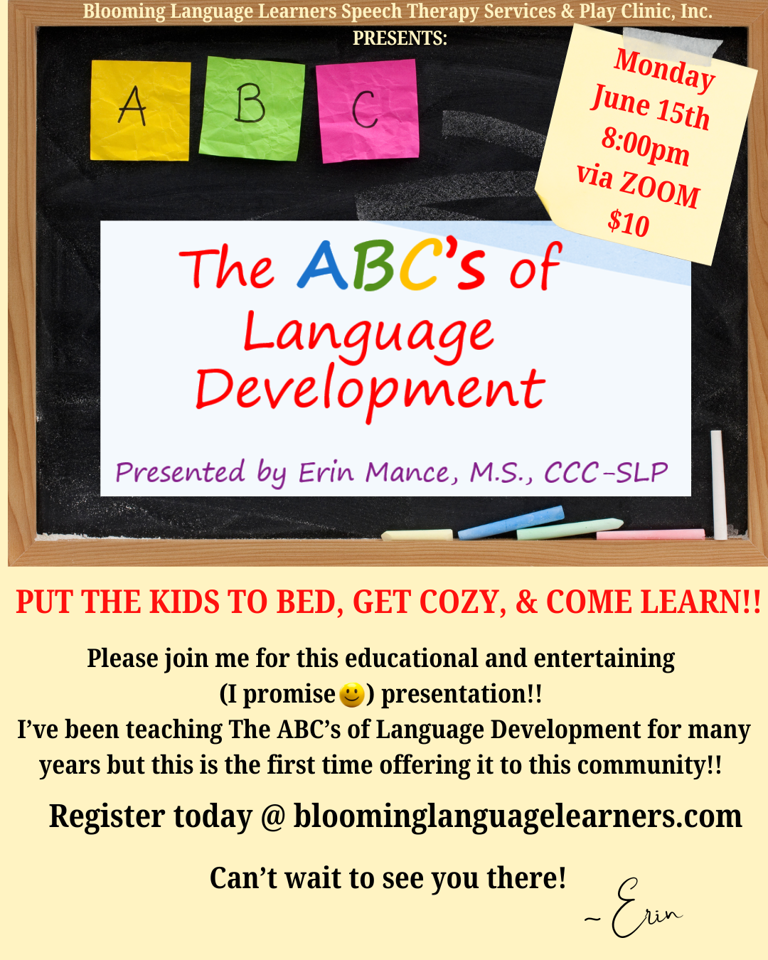 "The ABC's of Language Development" - PARENT TRAINING via Zoom - Monday night June 15th at 8:00pm