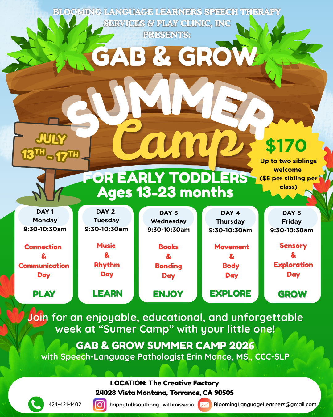 GAB & GROW -early toddlers 13-23 months - Monday July 13th - Friday July 17th - 9:30-10:30am at The Creative Factory in S. Torrance