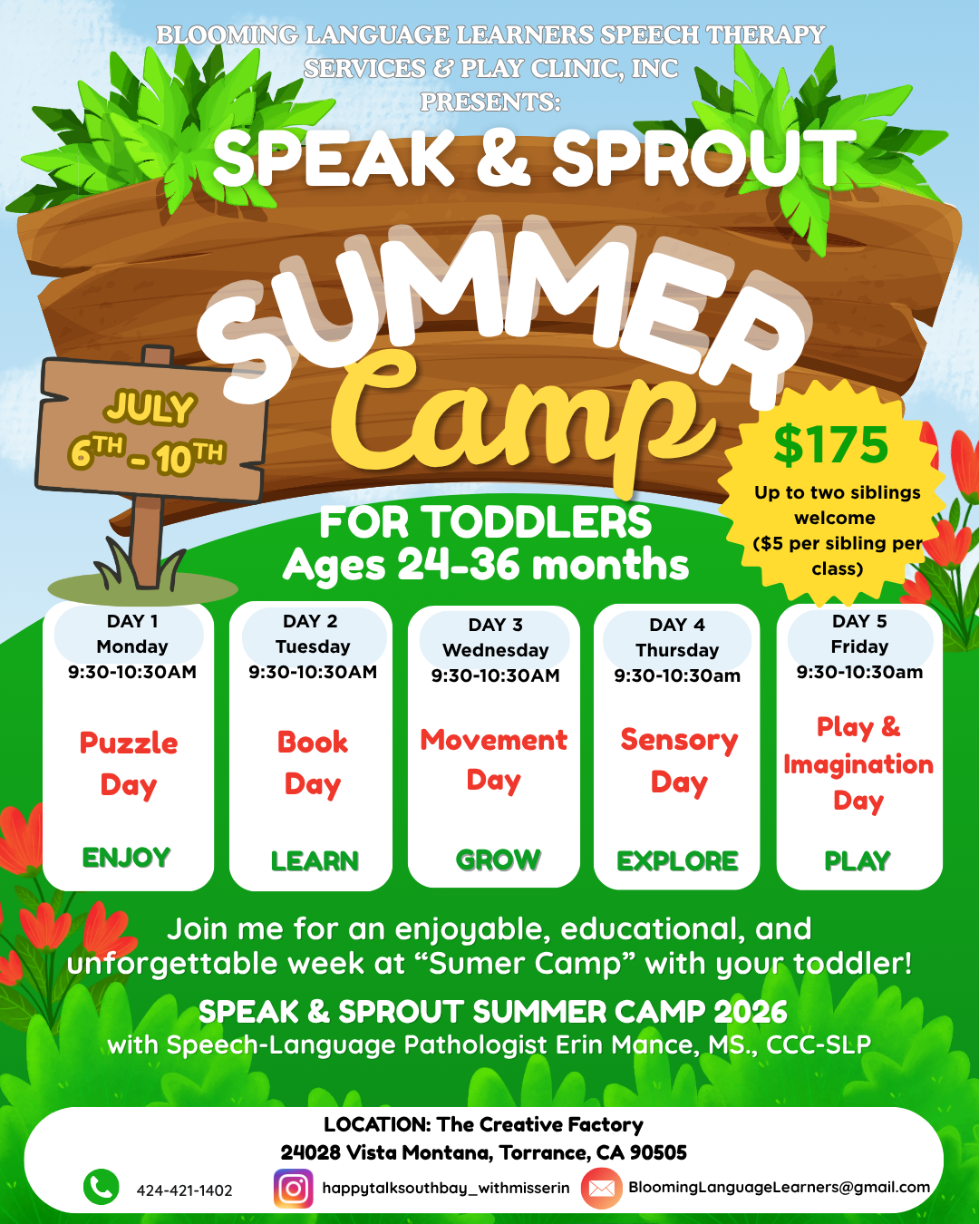 SPEAK & SPROUT - toddlers 24-36 months - Monday July 6th - Friday July 10th - 9:30-10:30am at The Creative Factory in S. Torrance