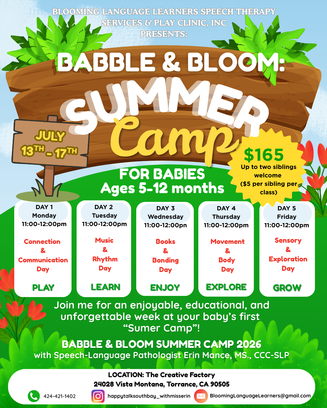 BABBLE & BLOOM - babies 5-12 months - Monday July 13th - Friday July 17th - 11:00-12:00pm at The Creative Factory in S. Torrance