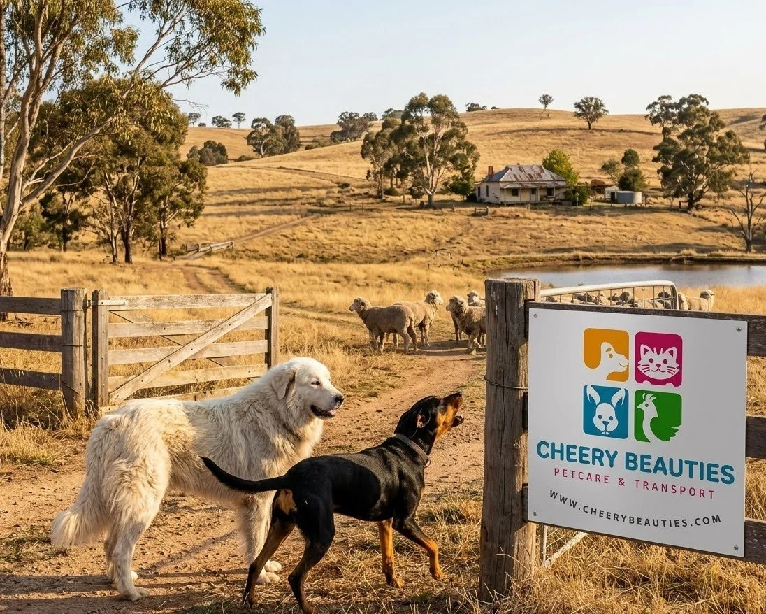 Dogs and sheep on a farm, with a sign for Cheery Beauties pet care and transport.