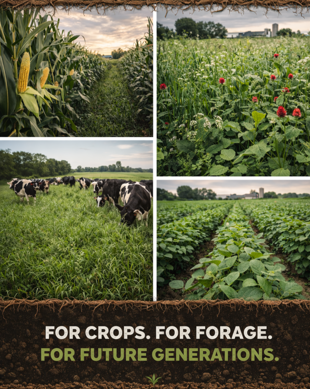 Collage of farm scenes including cornfield, flowering plants, cows grazing in a pasture, and rows of potato plants, with a message about agriculture and sustainability.