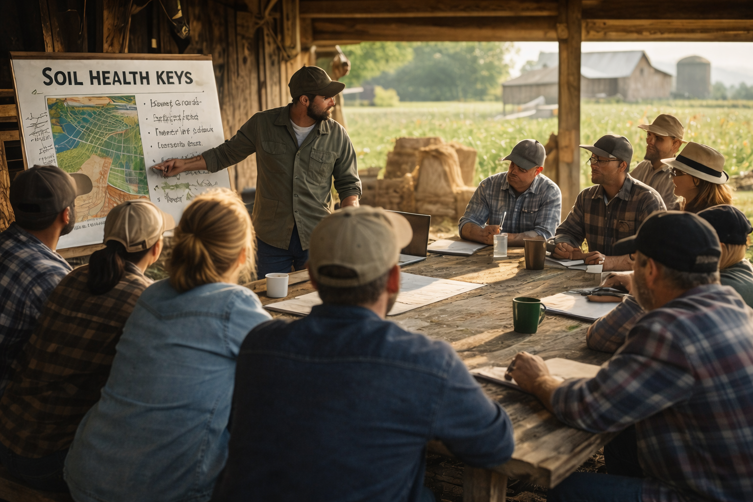 A group of people attending a farm workshop in a rustic barn, with a man giving a presentation about soil health keys on a poster, and an outdoor rural landscape visible in the background.