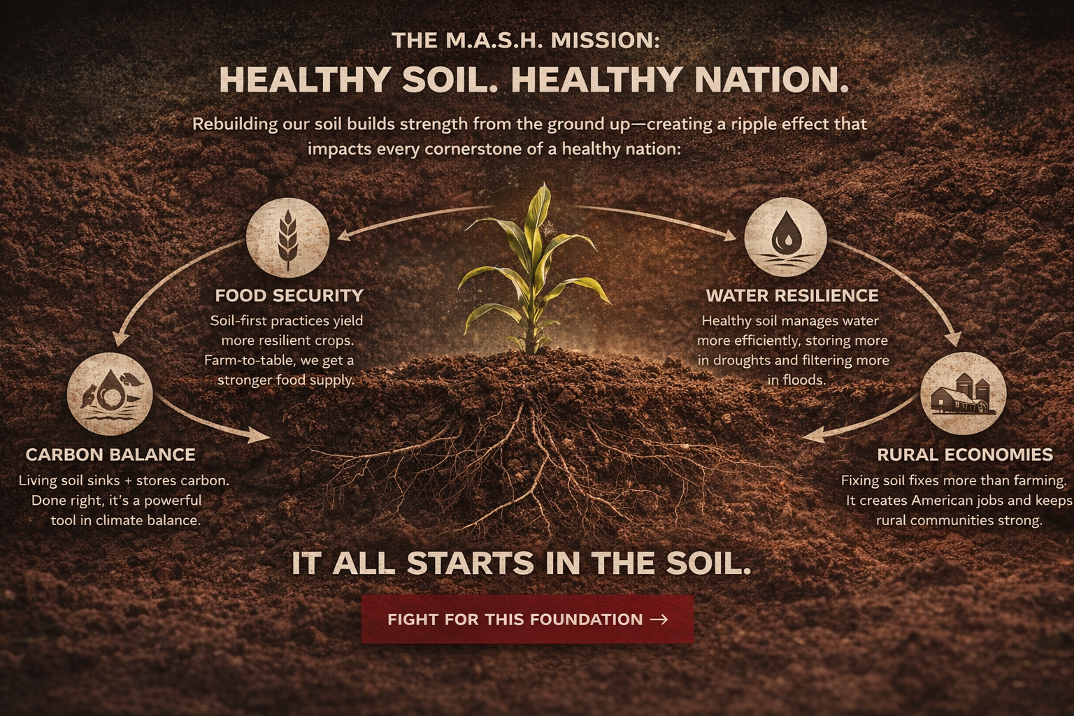 Infographic showing soil health benefits including food security, carbon balance, water resilience, and rural economies, with a central image of a sprouting plant and soil.
