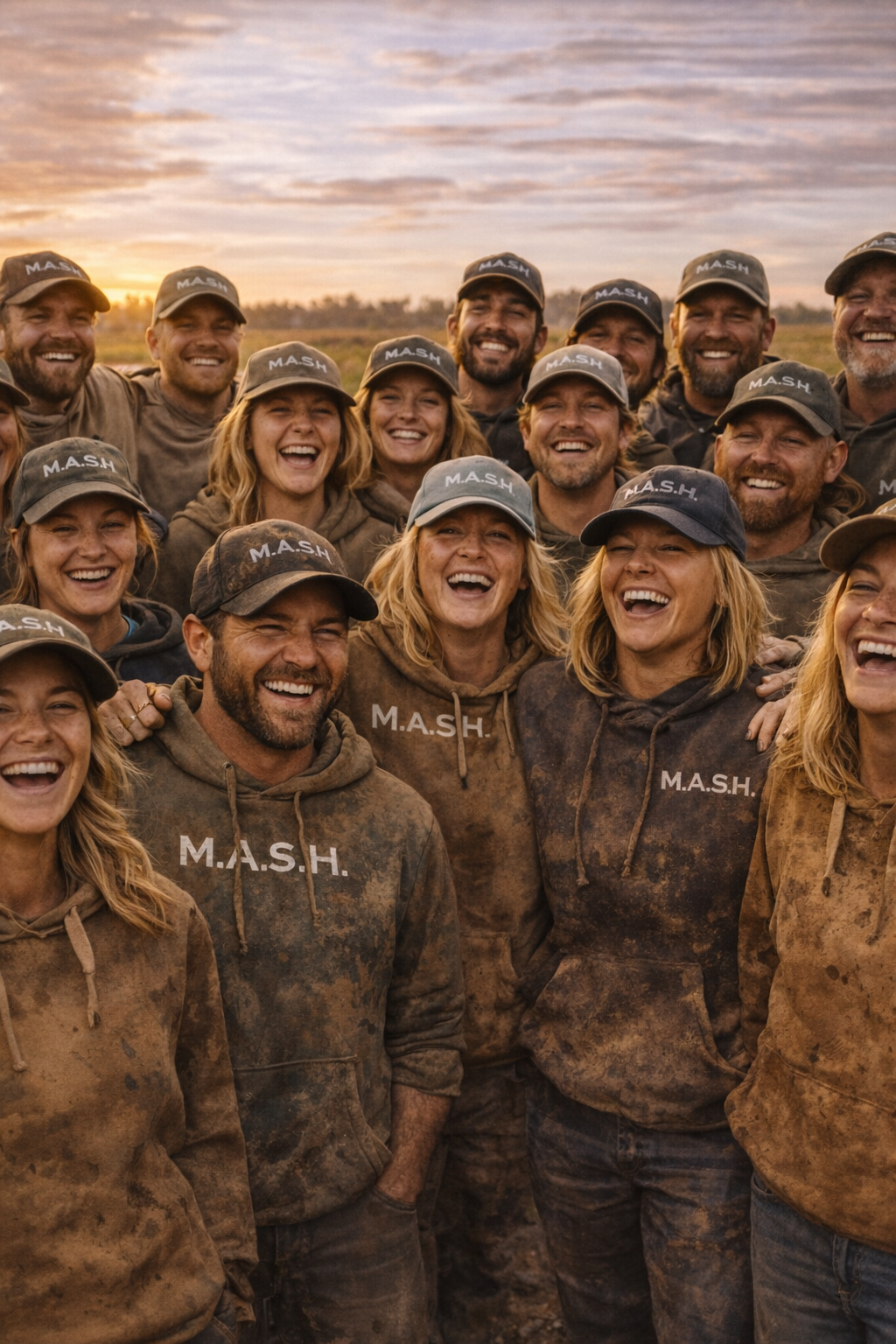 Group of people in mud-stained matching hoodies and caps with 'M.A.S.H.' printed on them, smiling and celebrating outdoors at sunset.