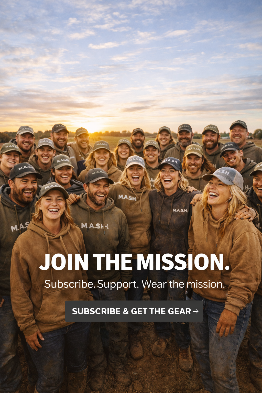 Group of smiling people wearing matching caps and hoodies outdoors at sunset with text overlay promoting joining the mission and subscribing for gear.