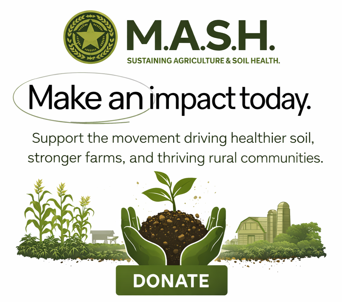 Flyer promoting sustainable agriculture and soil health, featuring a logo, headline 'Make an impact today', an illustration of hands holding soil with a plant, and a farm in the background, with a call-to-action button labeled 'Donate'.