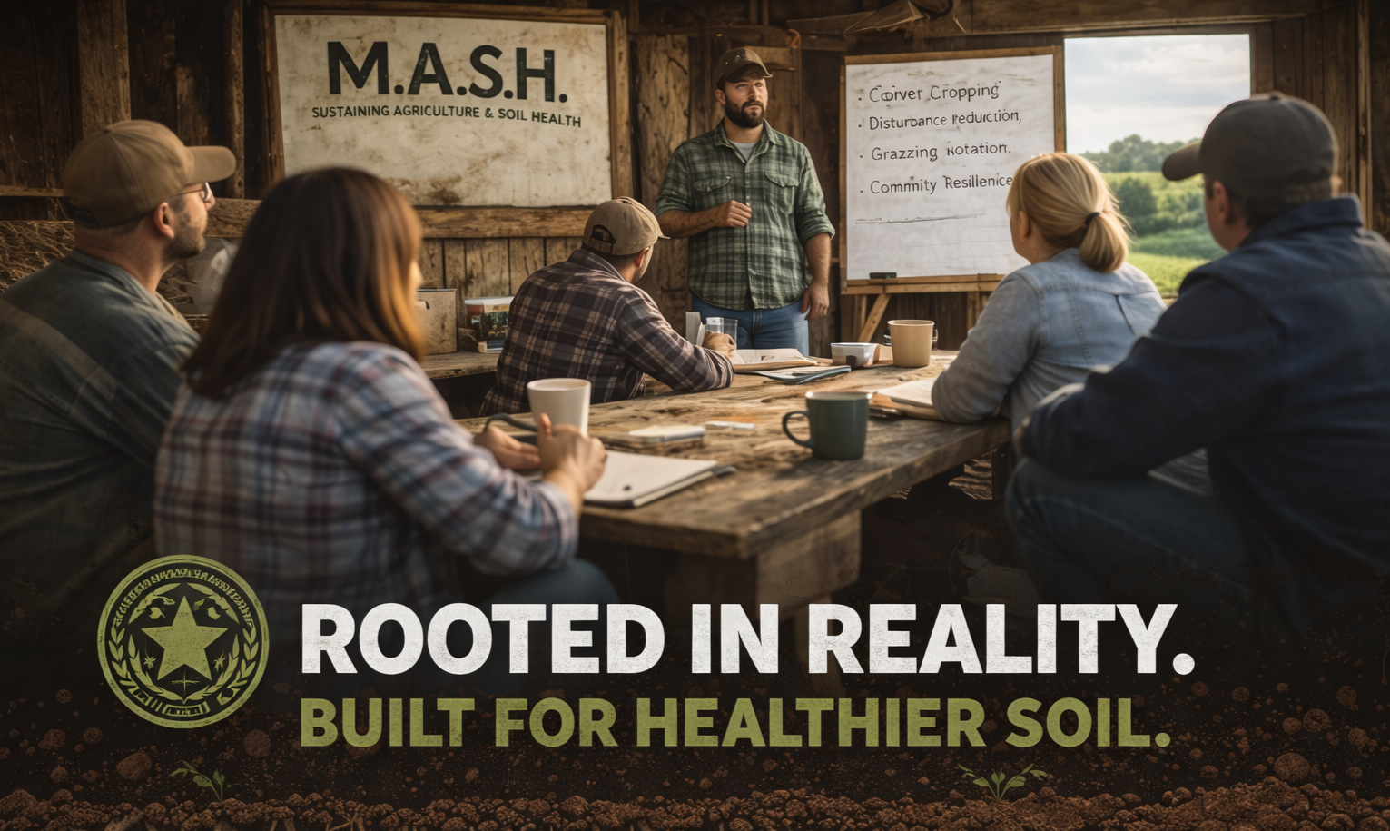 A man giving a presentation to a group of people in a rustic wooden room, with a sign on the wall reading 'M.A.S.H. Sustaining Agriculture & Soil Health'. The presenter stands near a whiteboard with notes on cover cropping, disturbance reduction, grazing notation, and community resilience. The group is seated at a long wooden table, listening attentively, with notebooks and coffee mugs in front. Outside the window, there is a green landscape. Text overlay reads, 'Rooted in Reality. Built for Healthier Soil.'