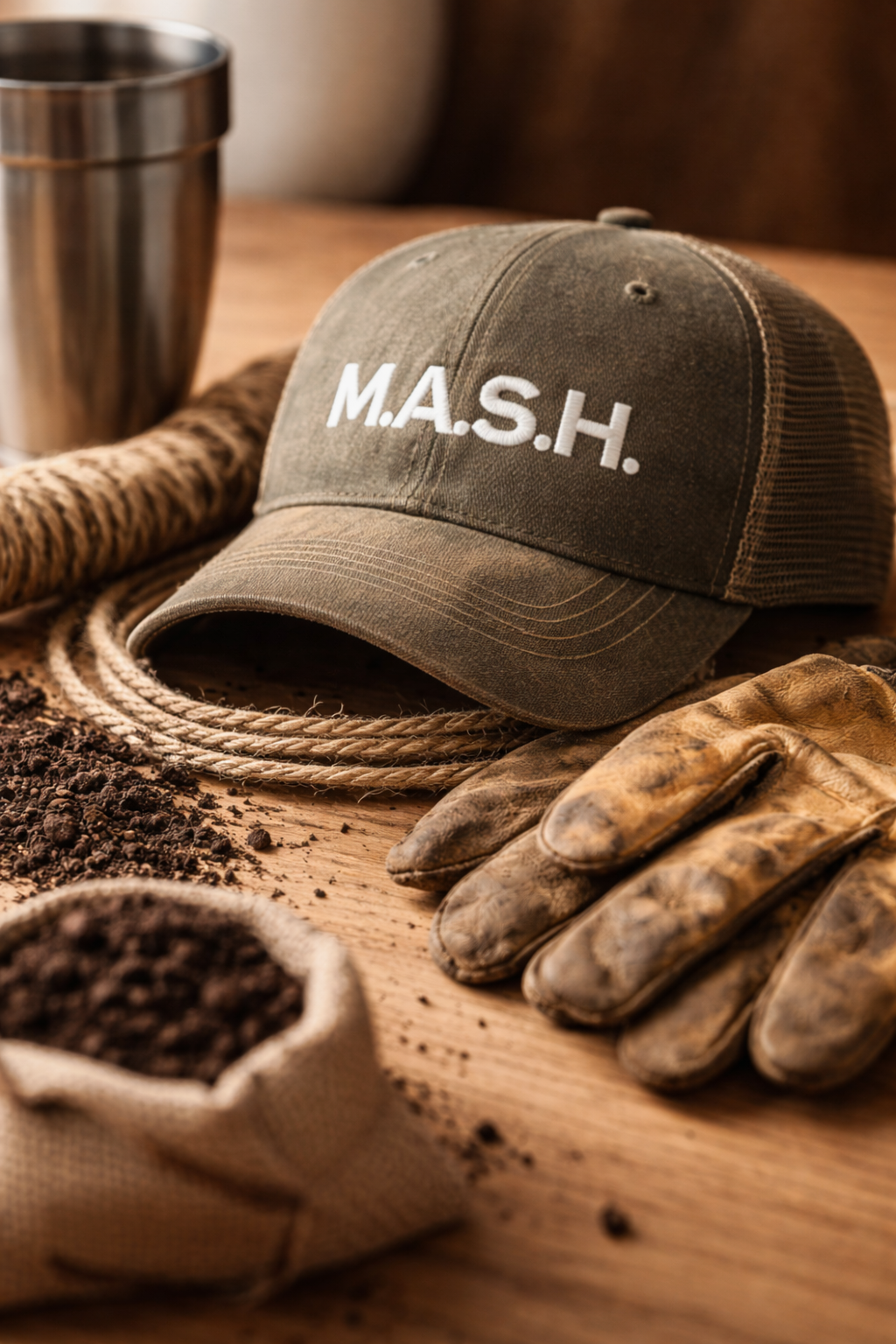 A brown baseball cap with white embroidered text 'M.A.S.H.', a pair of work gloves, a coil of rope, and some soil on a wooden surface.