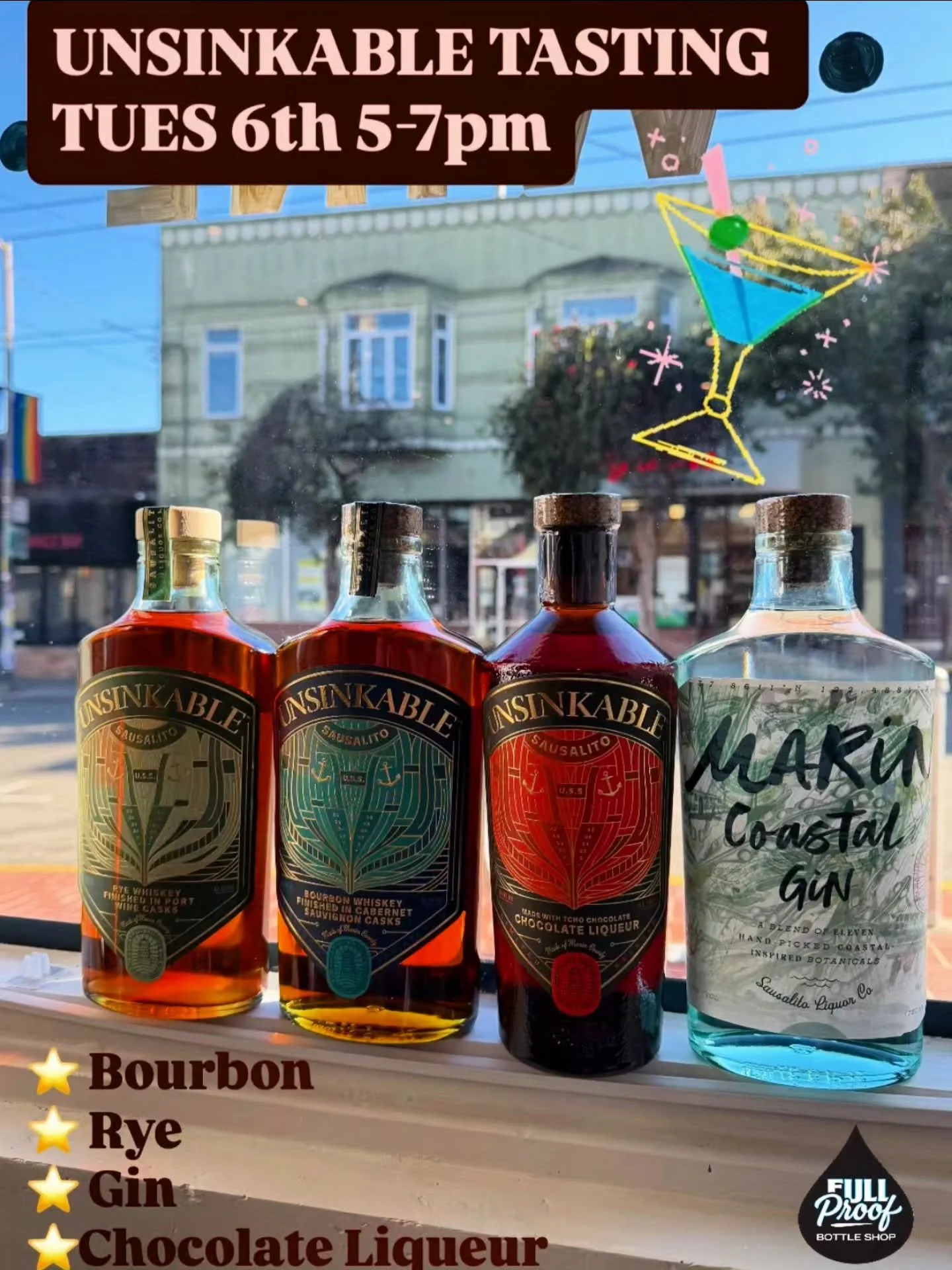 🚨Tasting Alert: Come try the full Sausalito @sausalitoliquor lineup this Tuesday Oct 6th at Full Proof! Bourbon, Rye, Gin, and Chocolate Liqueur 🍻