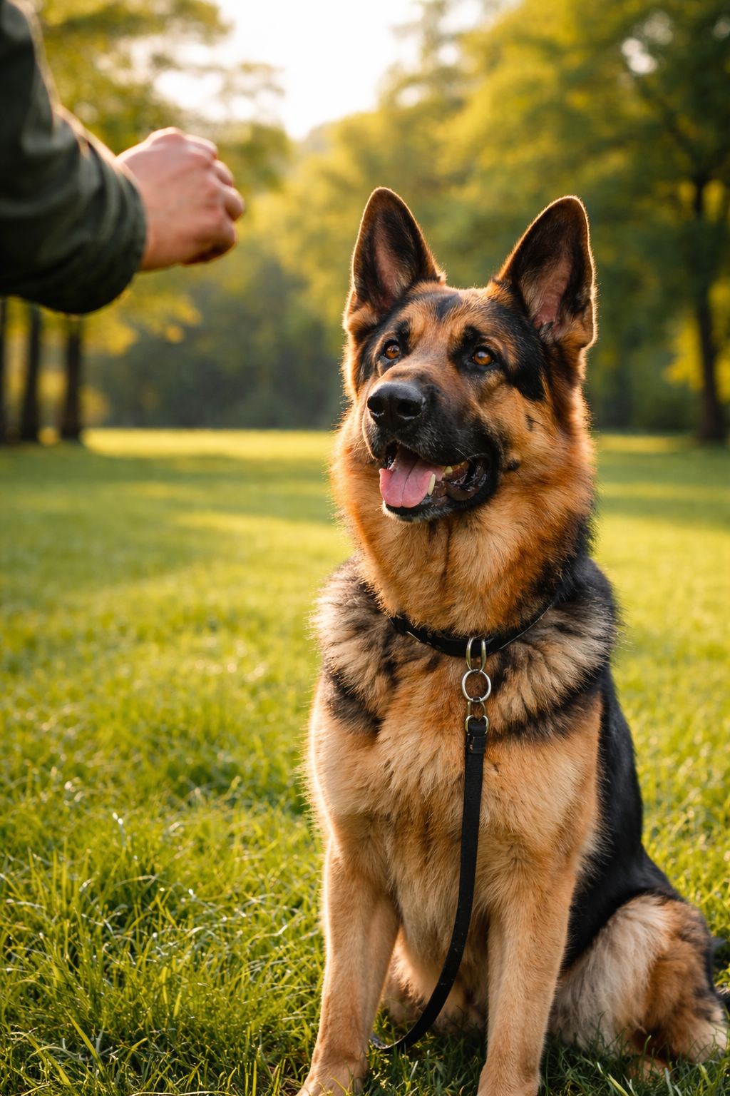 Dog trainer guiding nervous German Shepherd through calm training and walking exercise