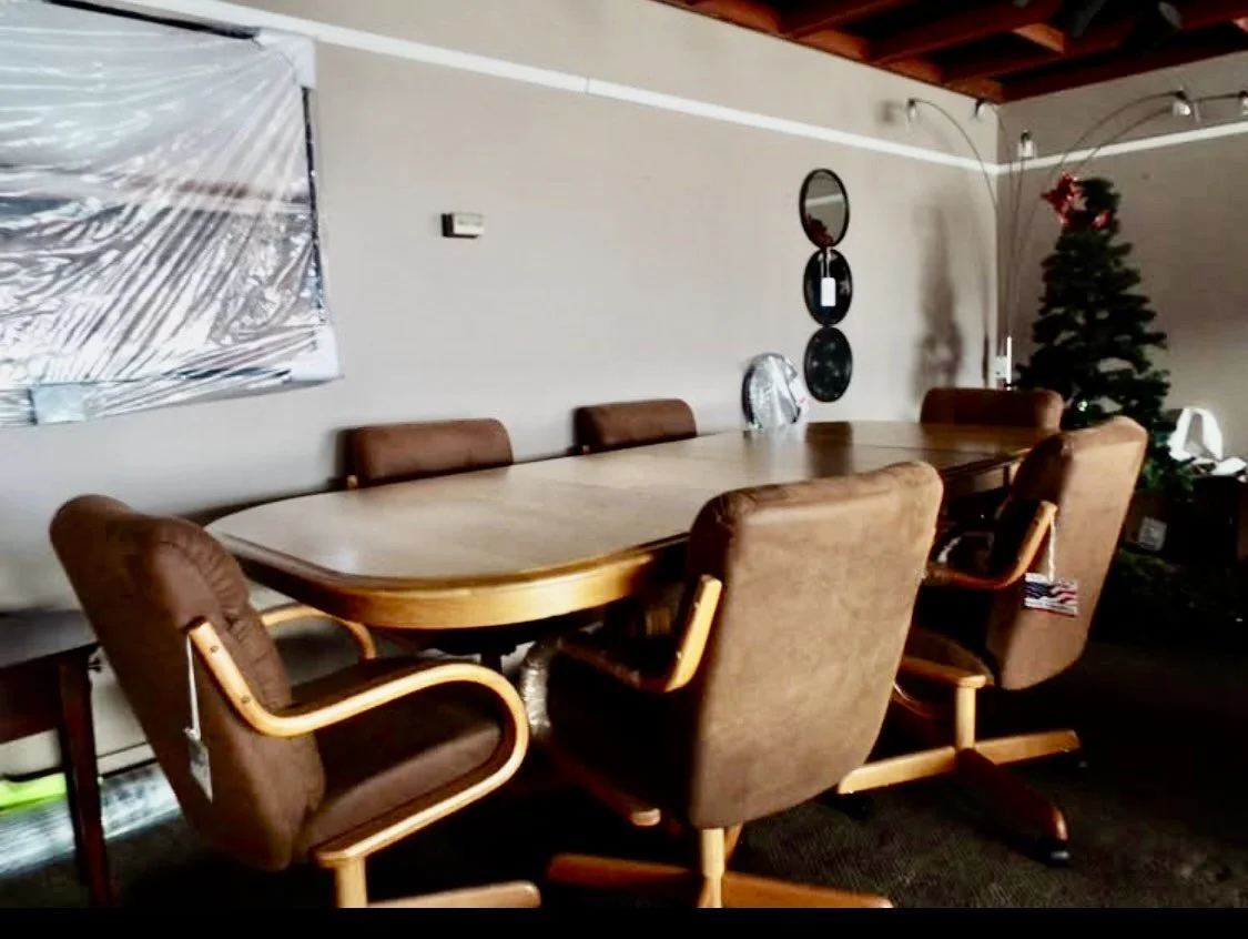 Large Dining Table / Meeting Table with Double Base and Six Oak Rolling Chairs M1