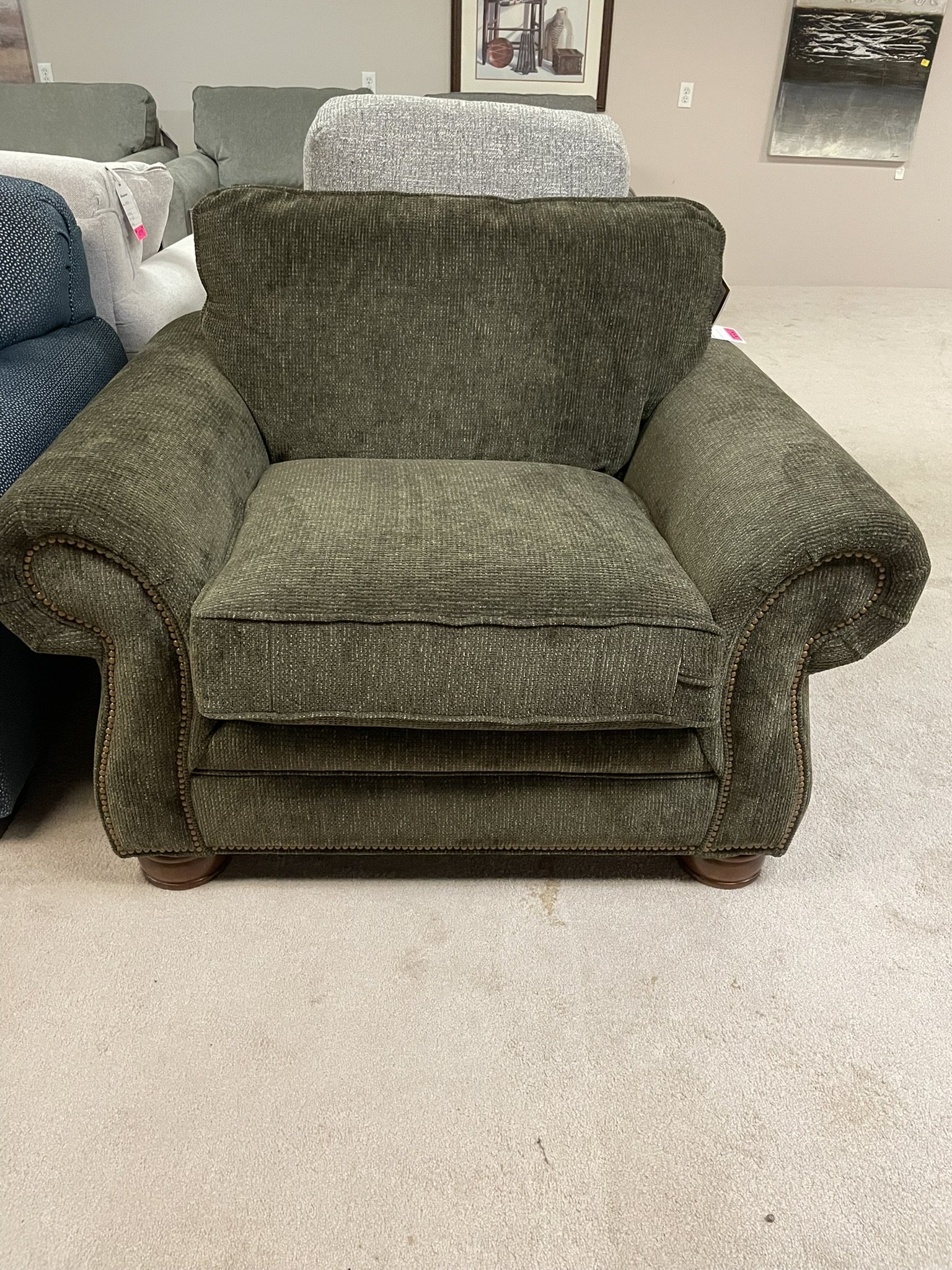 La Z Boy Chair and A Half Green 230499 Wood Legs and Upholstery Tacks F4-175