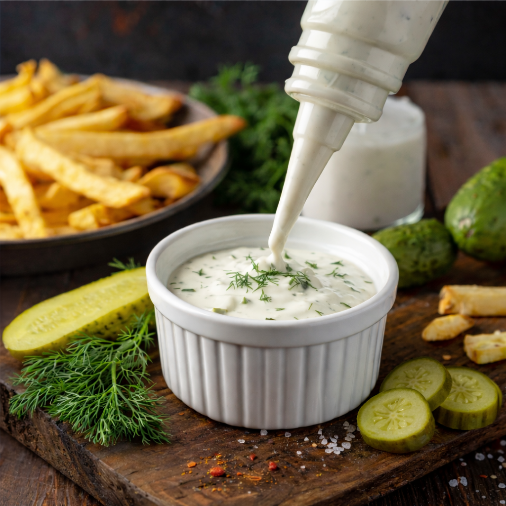 Creamy dill dip with pickles and fries.png