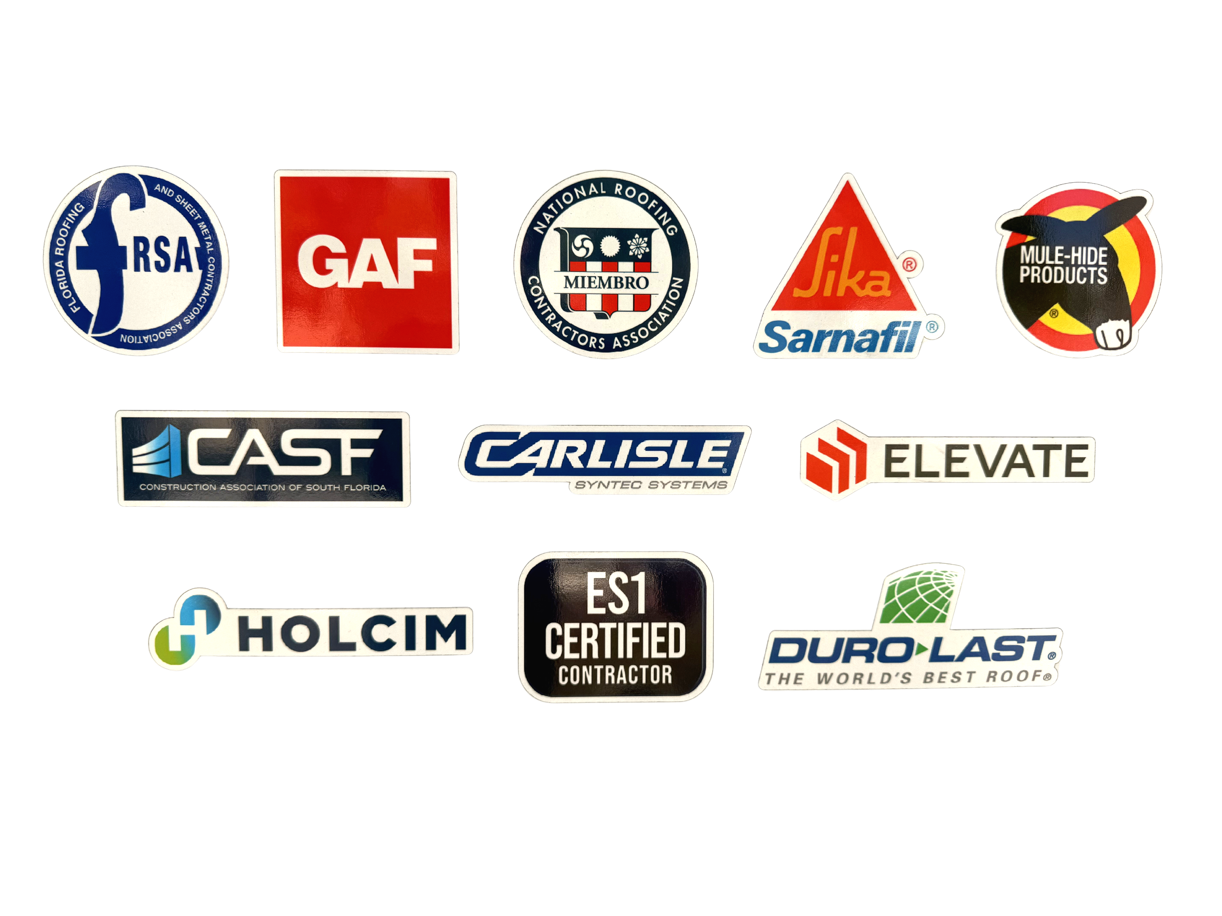 Collection of various logo stickers for construction, roofing, and contractor companies.
