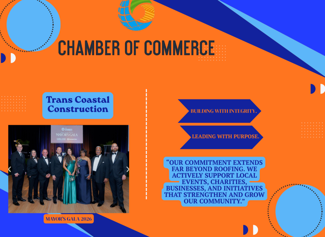 A digital graphic for the Chamber of Commerce, featuring a group photo of people in formal attire at the Mayor's Gala 2026, and text about the organization's mission and values, with vibrant orange, blue, and black colors.
