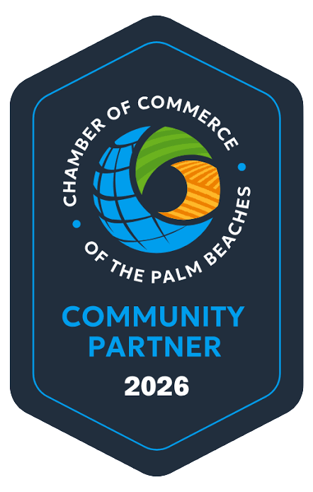 Badge with the logo of the Chamber of Commerce of the Palm Beaches, showing a globe, a green leaf, and a yellow-orange sun, labeled as Community Partner 2026.