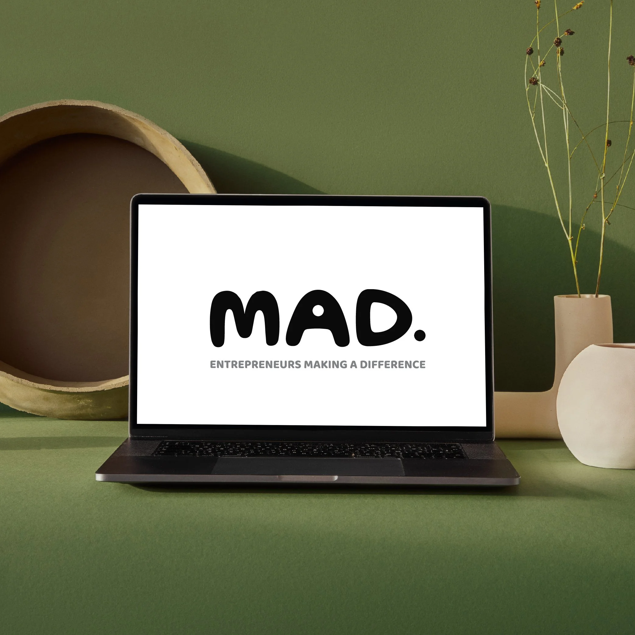 Laptop displaying the logo of MAD, with the tagline "Entrepreneurs making a difference," on a green surface surrounded by minimalistic plants and decor.