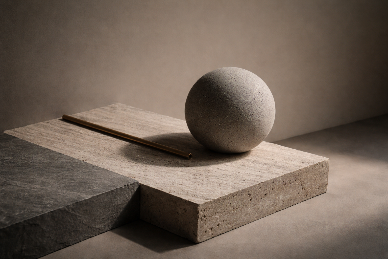A textured gray sphere placed on a beige stone slab with a brown straw nearby, contrasted against a darker gray stone surface, with a plain neutral background.