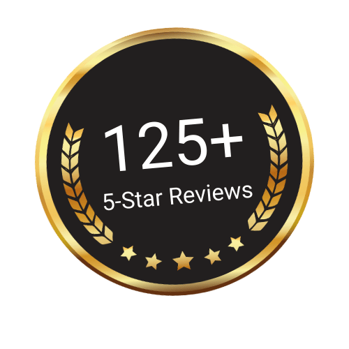 A circular badge with a black background, gold border, displaying '125+ 5-Star Reviews' with laurel branches on either side and six gold stars below.