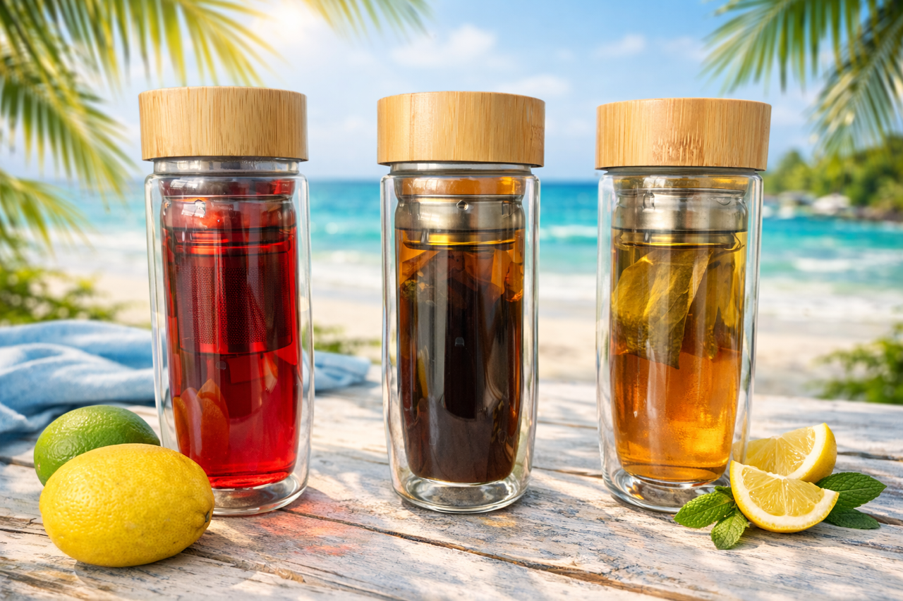 Three glass jars with wooden lids containing infused water, set on a weathered wooden surface near the beach with lemons, lime, lemon slices, and mint leaves, under a bright blue sky with palm trees and ocean in the background.