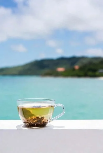 A glass cup of tea with tea leaves at the bottom, placed on a white surface with a body of water and hilly landscape in the background under a cloudy sky.