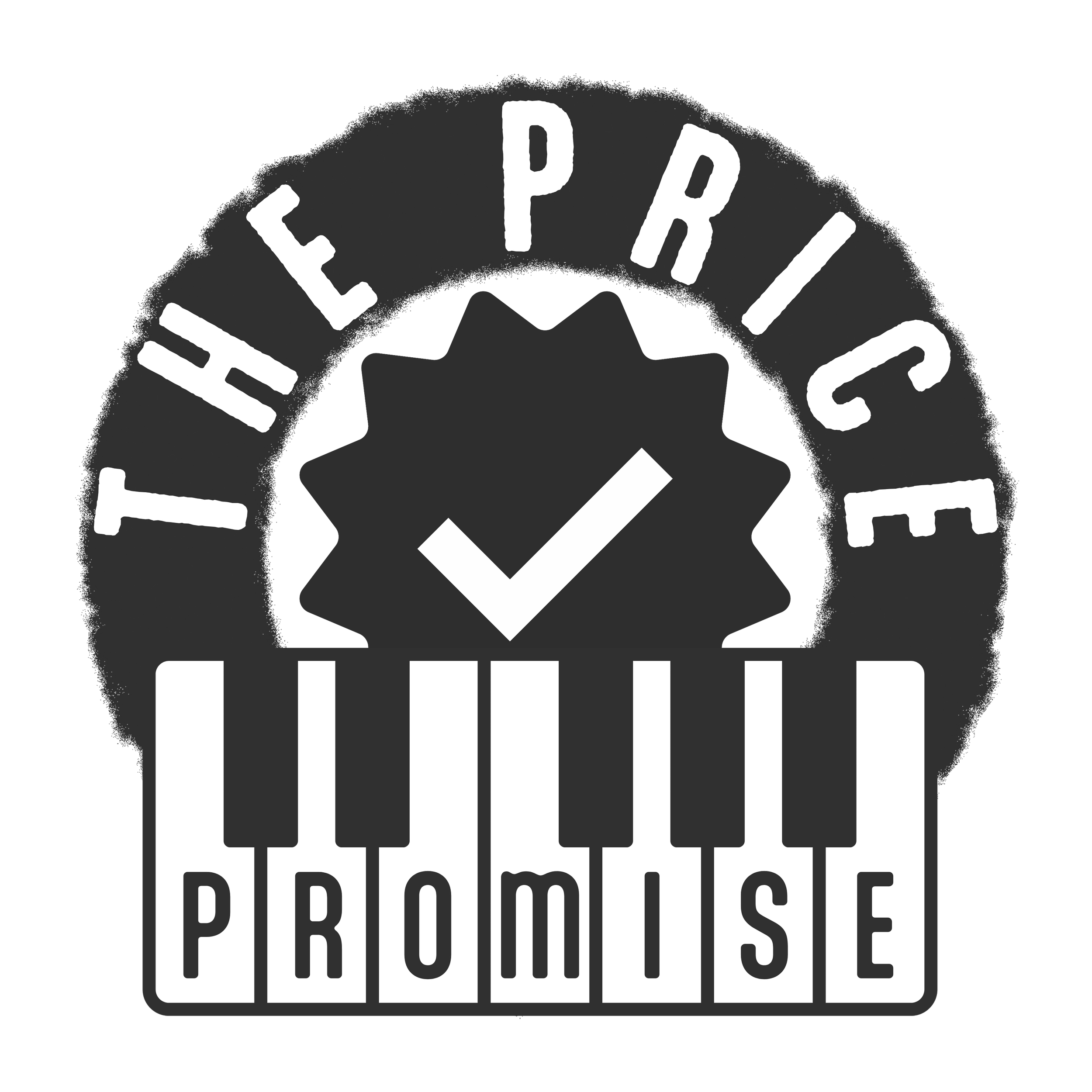 A black and white logo with the words 'The Price' arched above a checkmark in a badge shape, and the word 'Promise' spelled out on piano keys below.