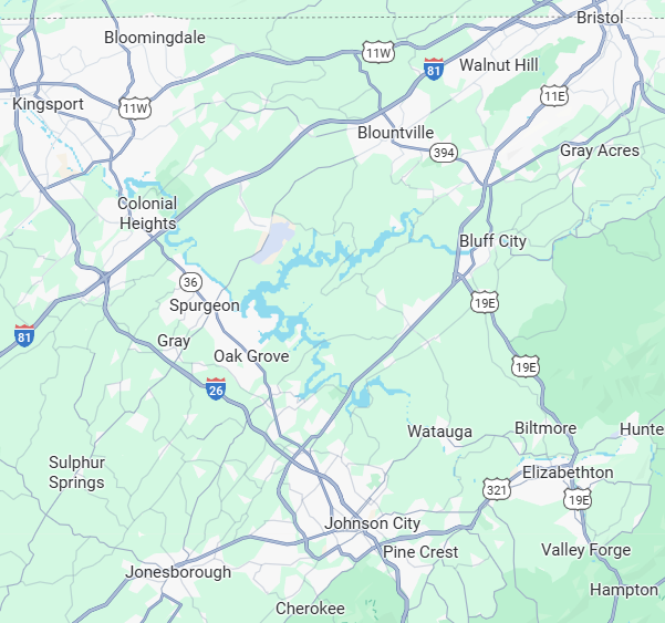 A map showing towns and cities in Tennessee, including Johnson City, Kingsport, Bristol, Elizabethton, Jonesborough, and others, with interstate highways and a reservoir.
