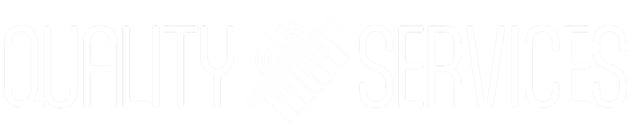 A large, white text graphic that reads "QUALITY SERVICES", featuring a logo of piano keys, a tuning fork, and emitted sound waves.