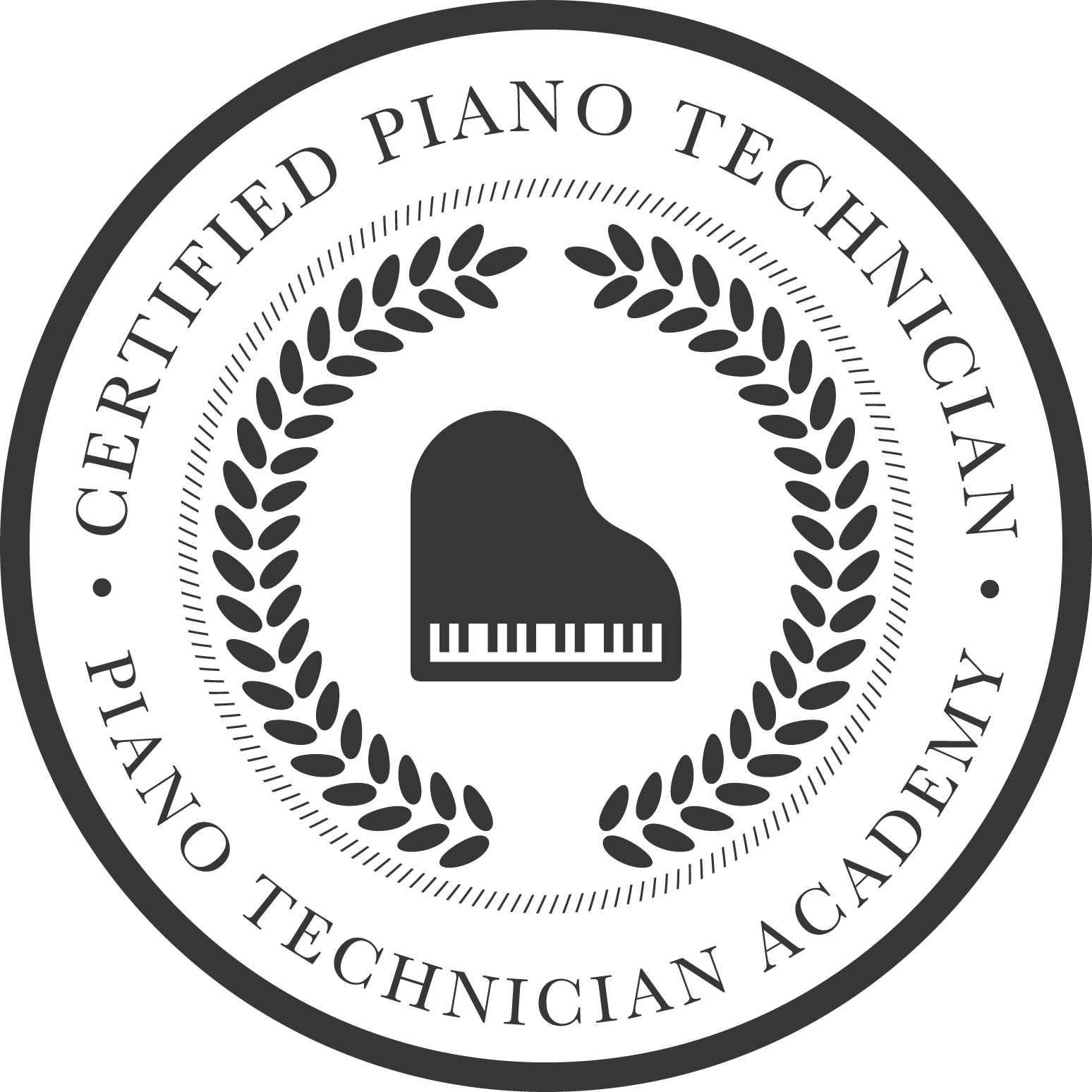 Logo of the Piano Technician Academy Certificate for Certified Piano Technician, featuring a grand piano silhouette inside a laurel wreath.