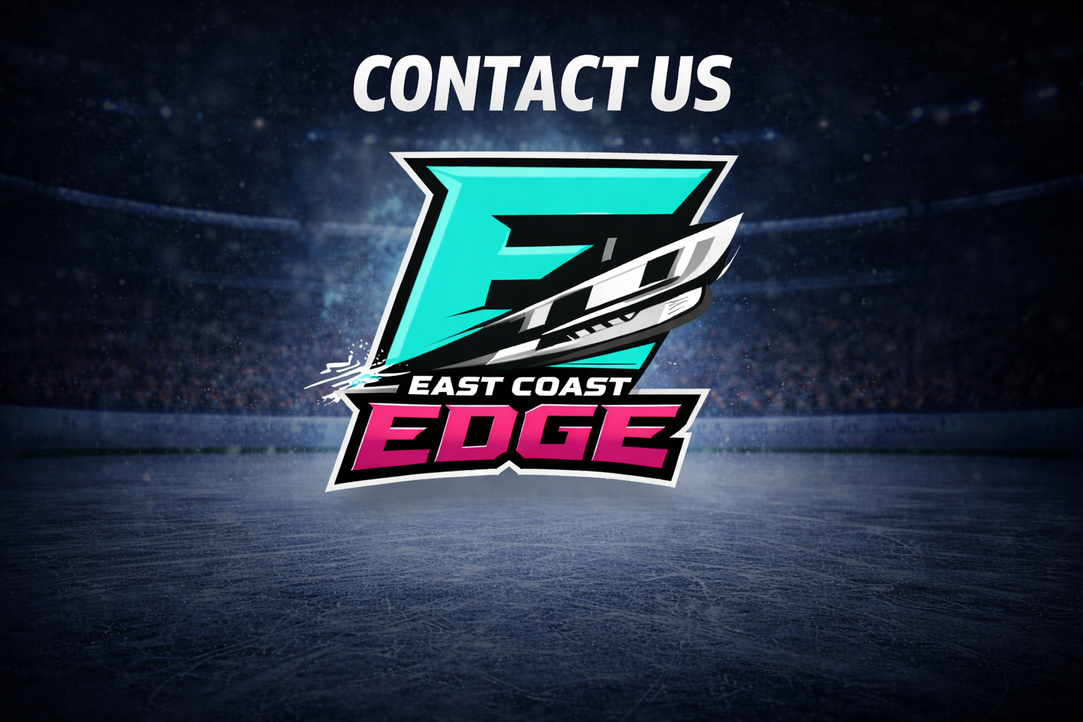 Logo for East Coast Edge hockey team with an ice rink background.