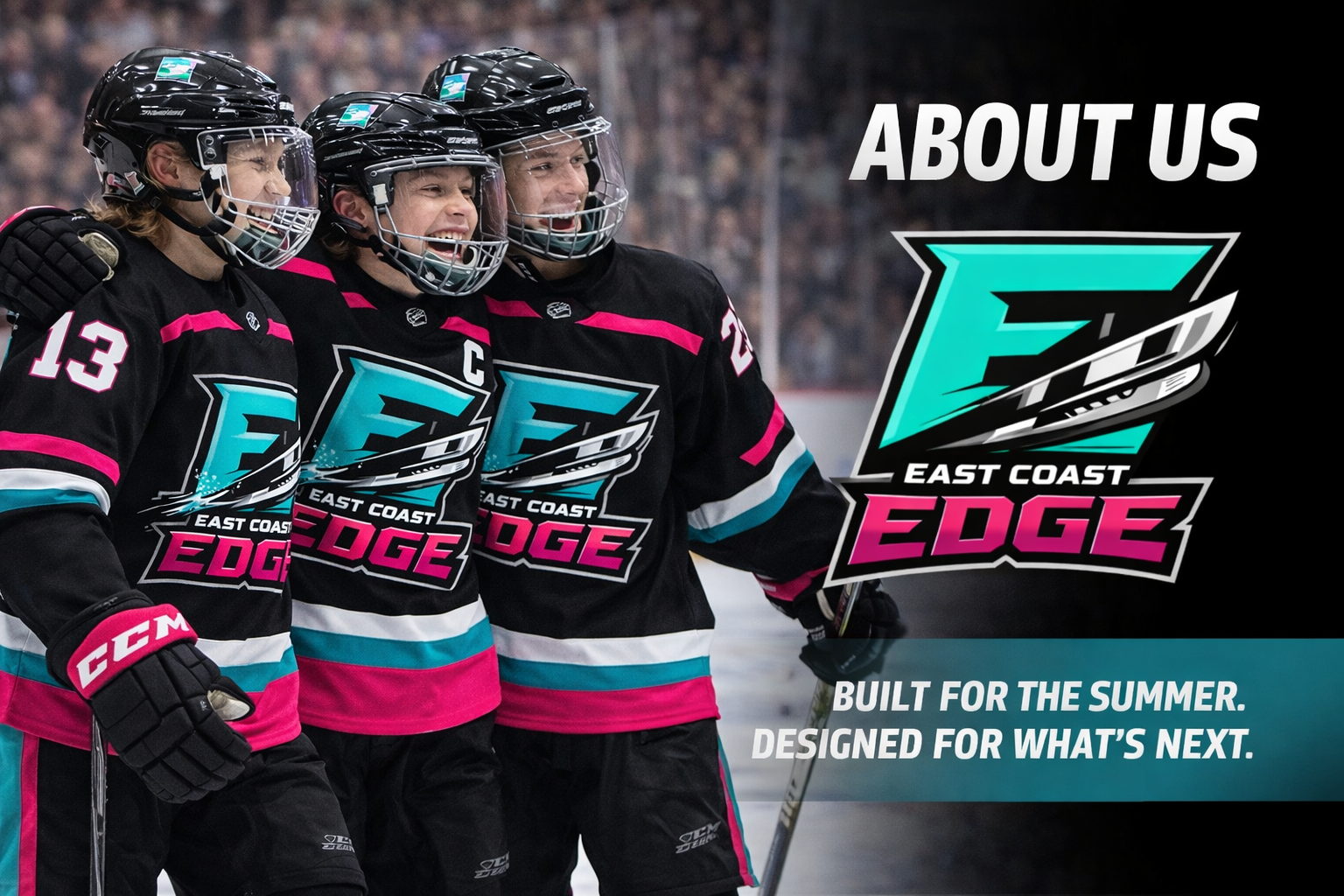 Three ice hockey players in black, pink, and teal jerseys with the East Coast Edge team logo smiling and celebrating on the ice rink.