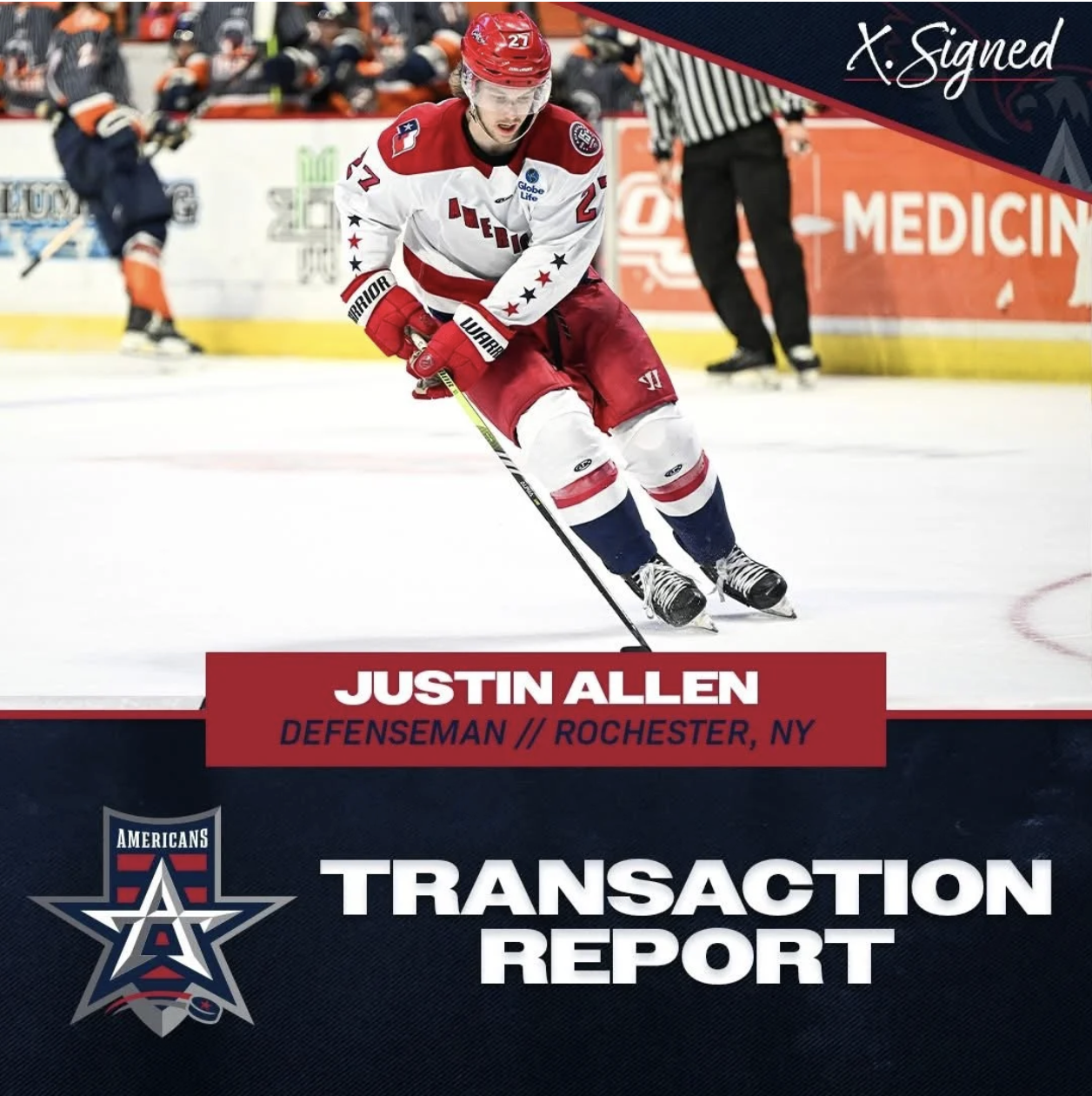 A hockey player in a red and white uniform with the number 27 on the helmet and gloves, skating on the ice during a game.