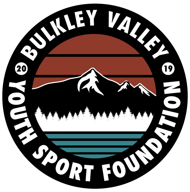 Logo for the Hollux Bulkey Valley Youth Sport Foundation featuring a mountain landscape with pine trees and horizontal lines representing water, encircled by the organization's name and the year 2019.